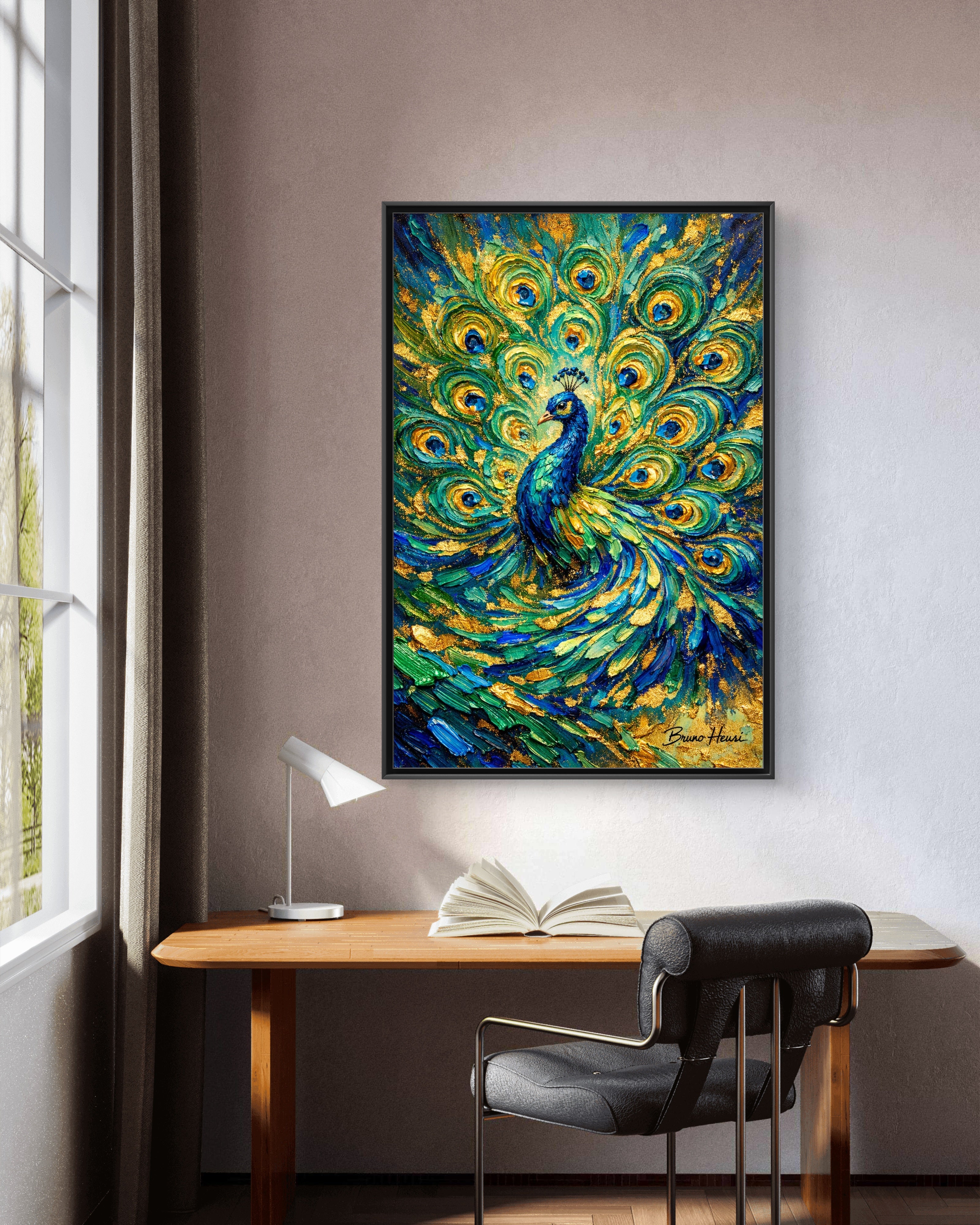 Peacock Oil-Style Framed Canvas Wall Art — Vibrant Blue & Gold Peacock Painting