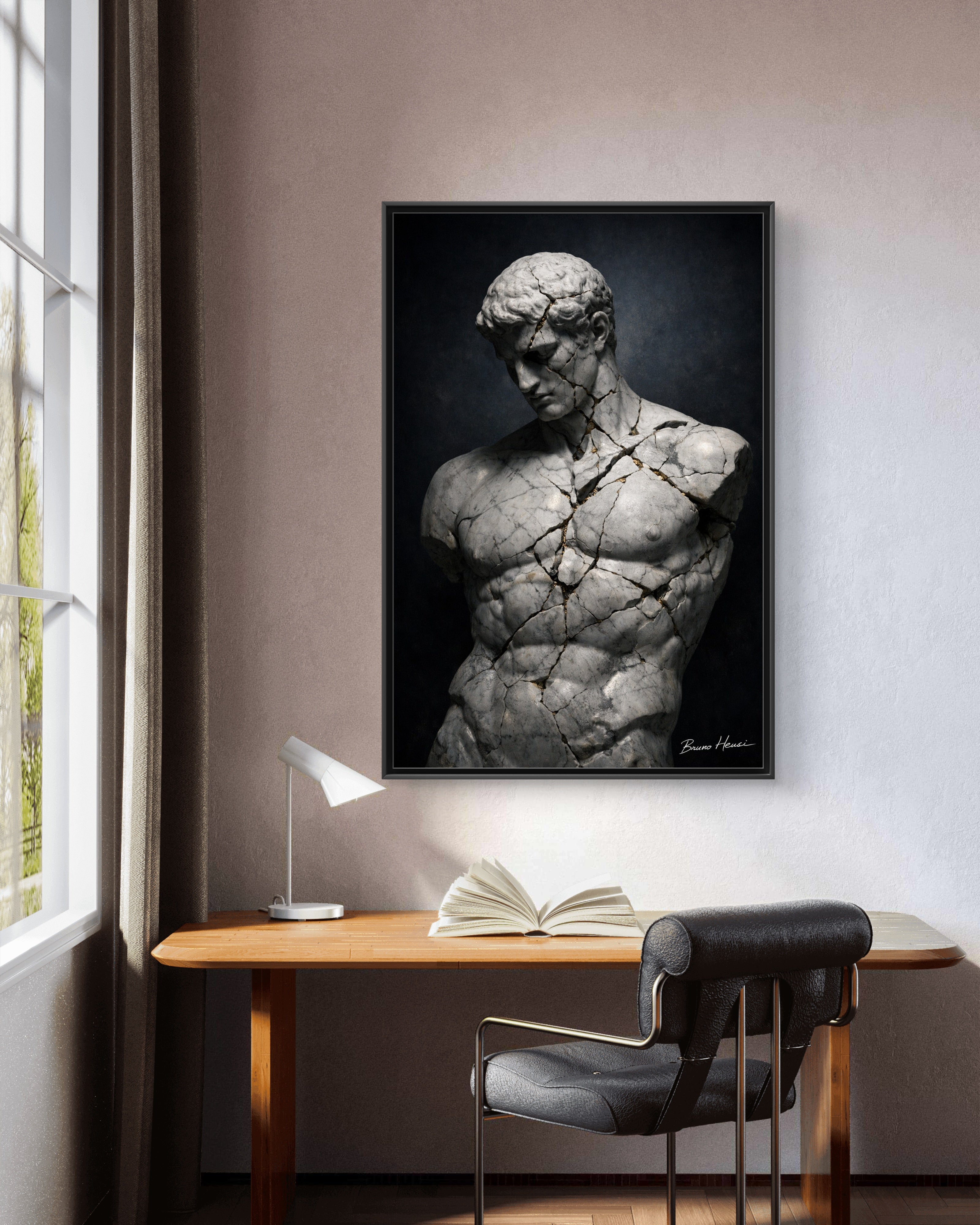 Cracked Marble Bust Framed Canvas Wall Art — Classical Sculpture Print