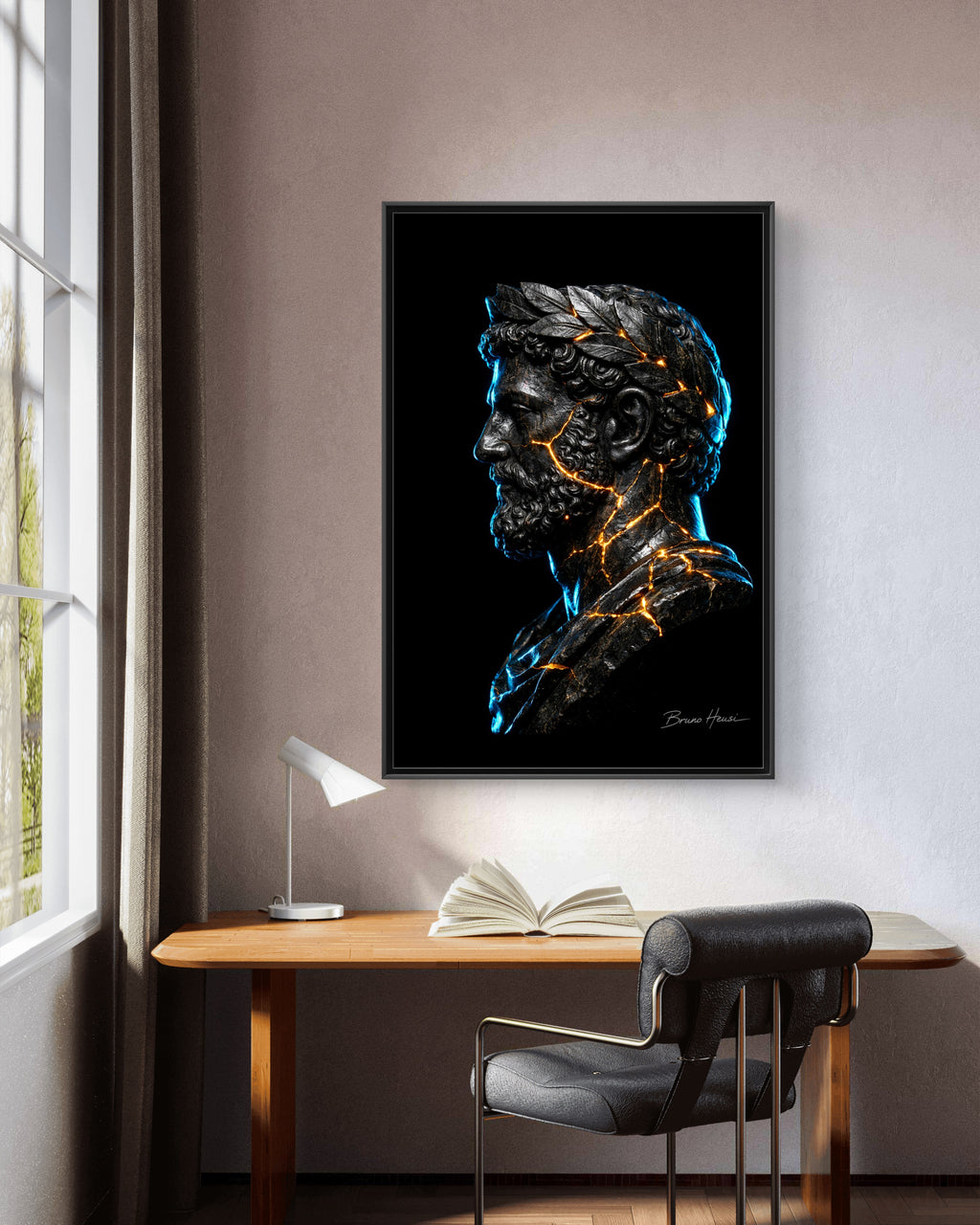 Roman Emperor Neon Bust Framed Canvas Wall Art — Modern Sculpture Print