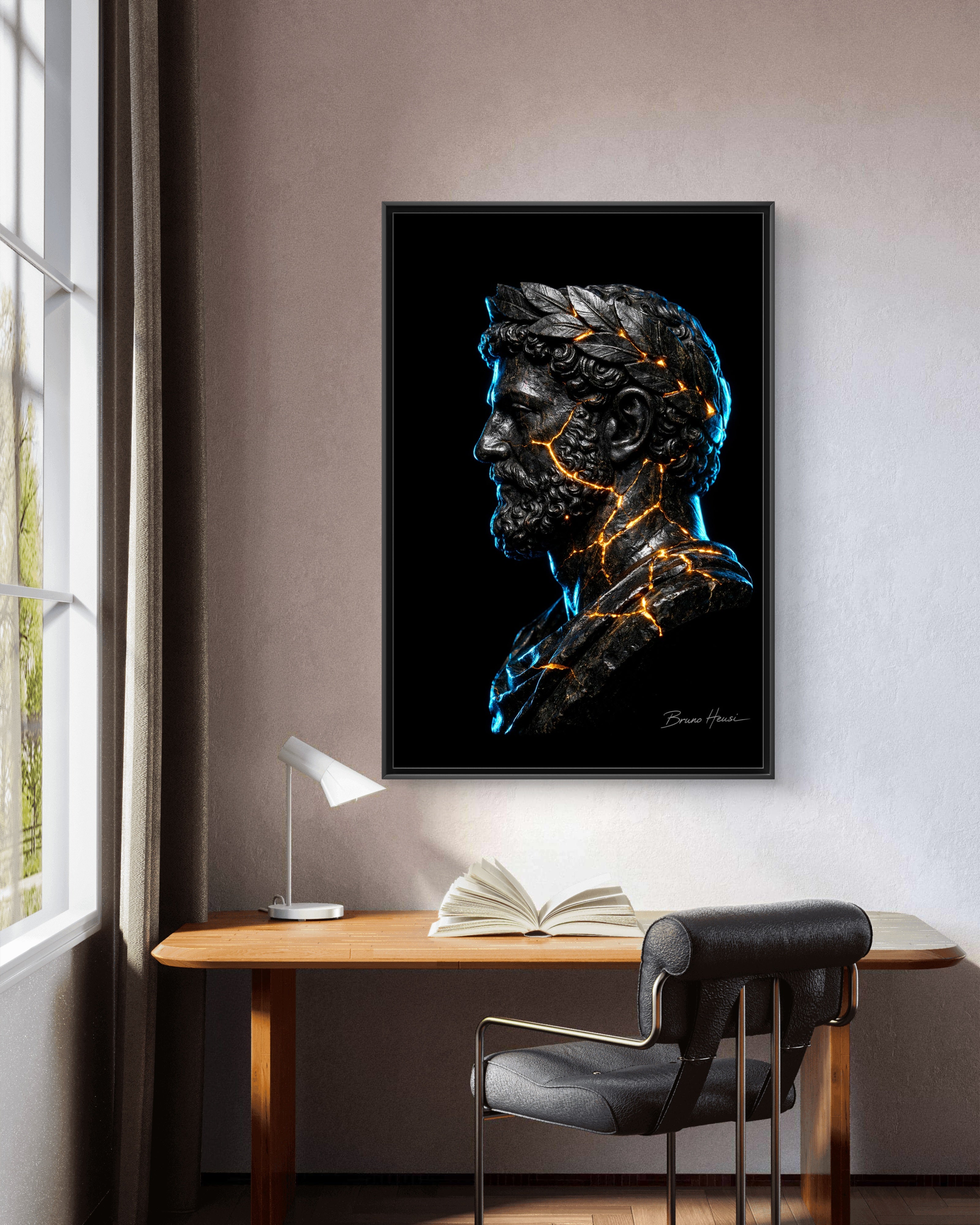 Roman Emperor Neon Bust Framed Canvas Wall Art — Modern Sculpture Print