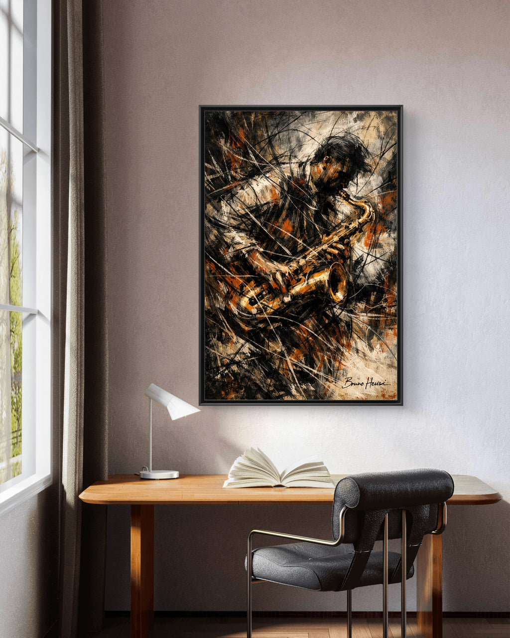 Saxophone Jazz Musician Framed Canvas Wall Art — Abstract Music Print