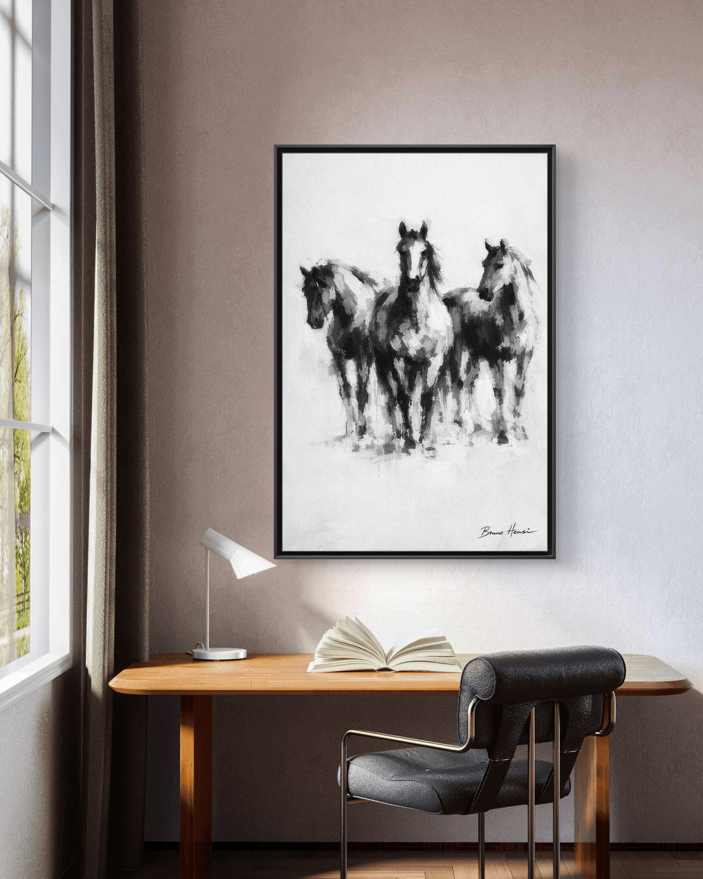 Framed Matte Canvas Print – Three Galloping Horses Black & White Wall Art