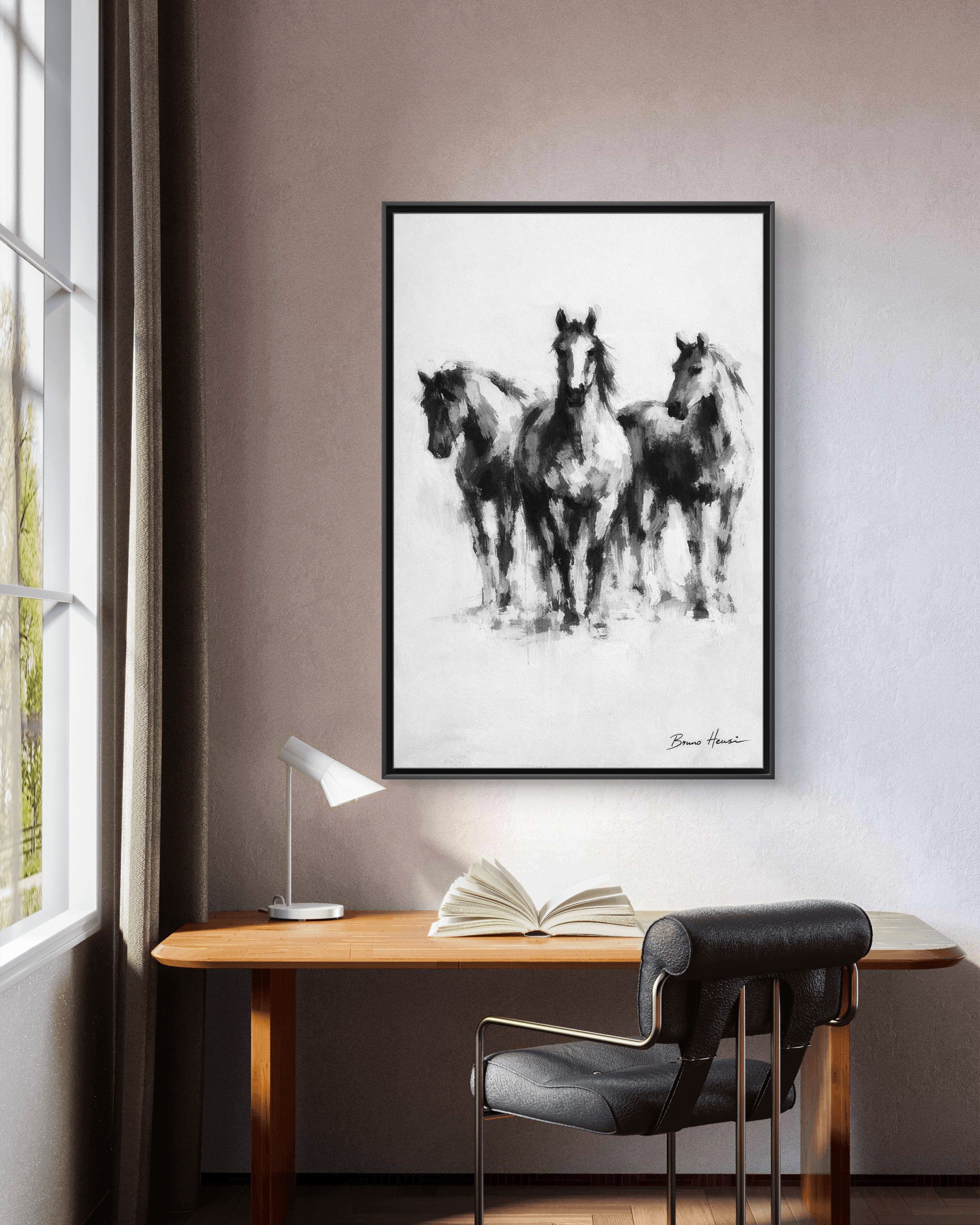 Framed Matte Canvas Print – Three Galloping Horses Black & White Wall Art