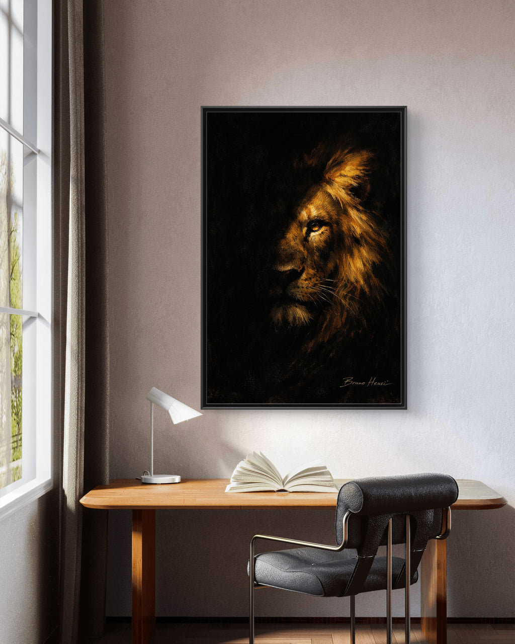 Majestic Lion Portrait Framed Canvas Wall Art — Golden Mane on Black Matte Print
