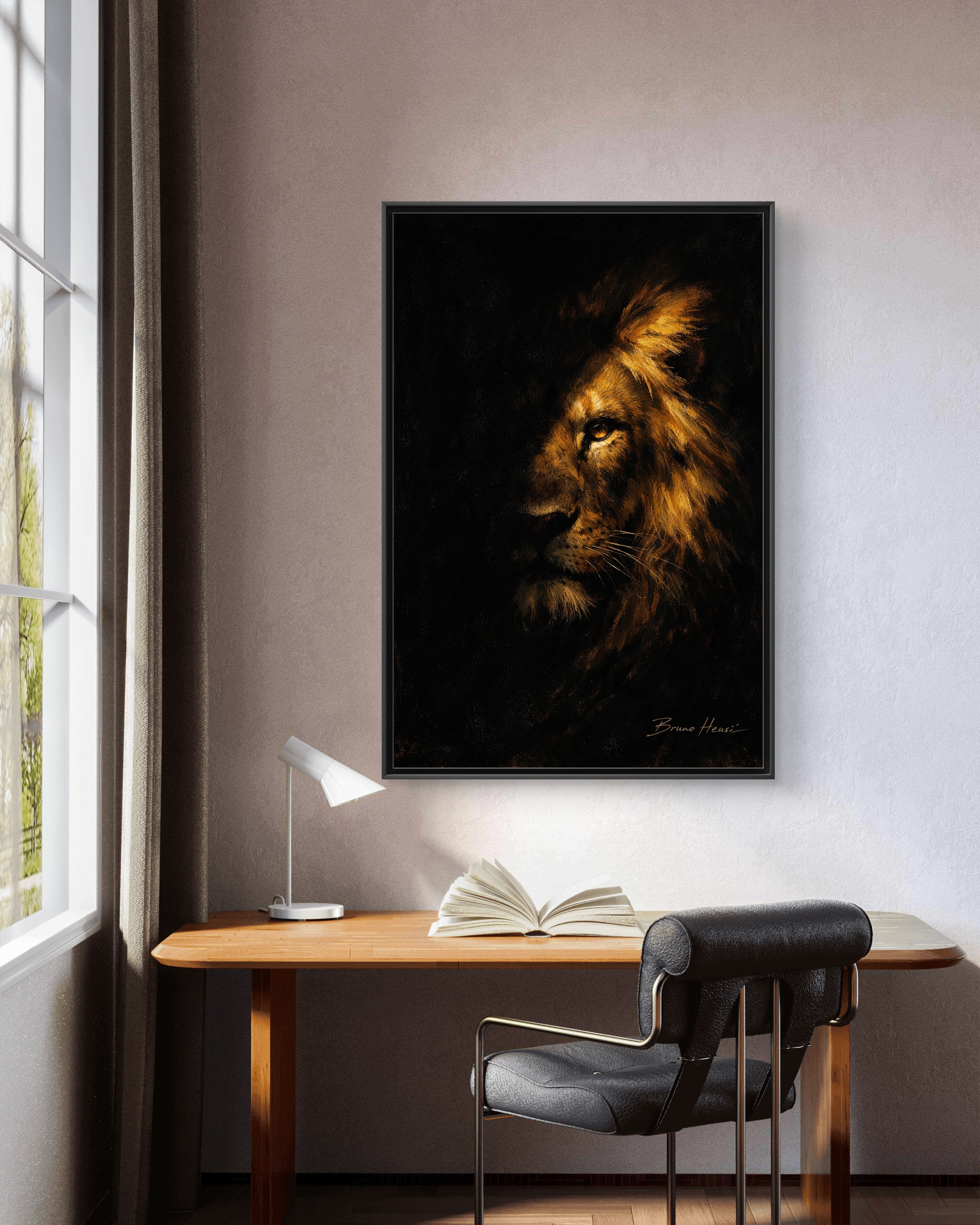 Majestic Lion Portrait Framed Canvas Wall Art — Golden Mane on Black Matte Print