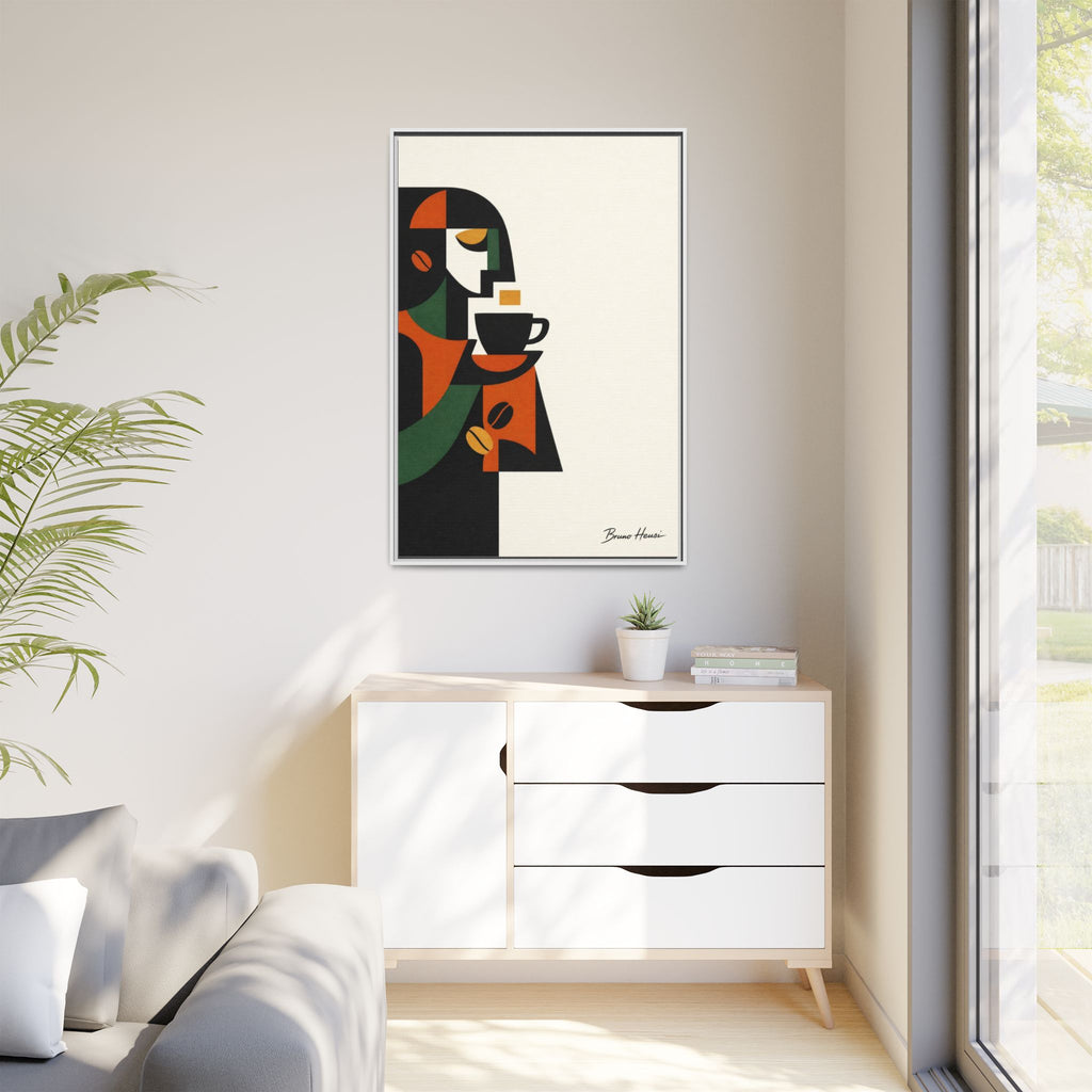 Abstract Coffee Drinker Framed Canvas Print — Modern Café Wall Art
