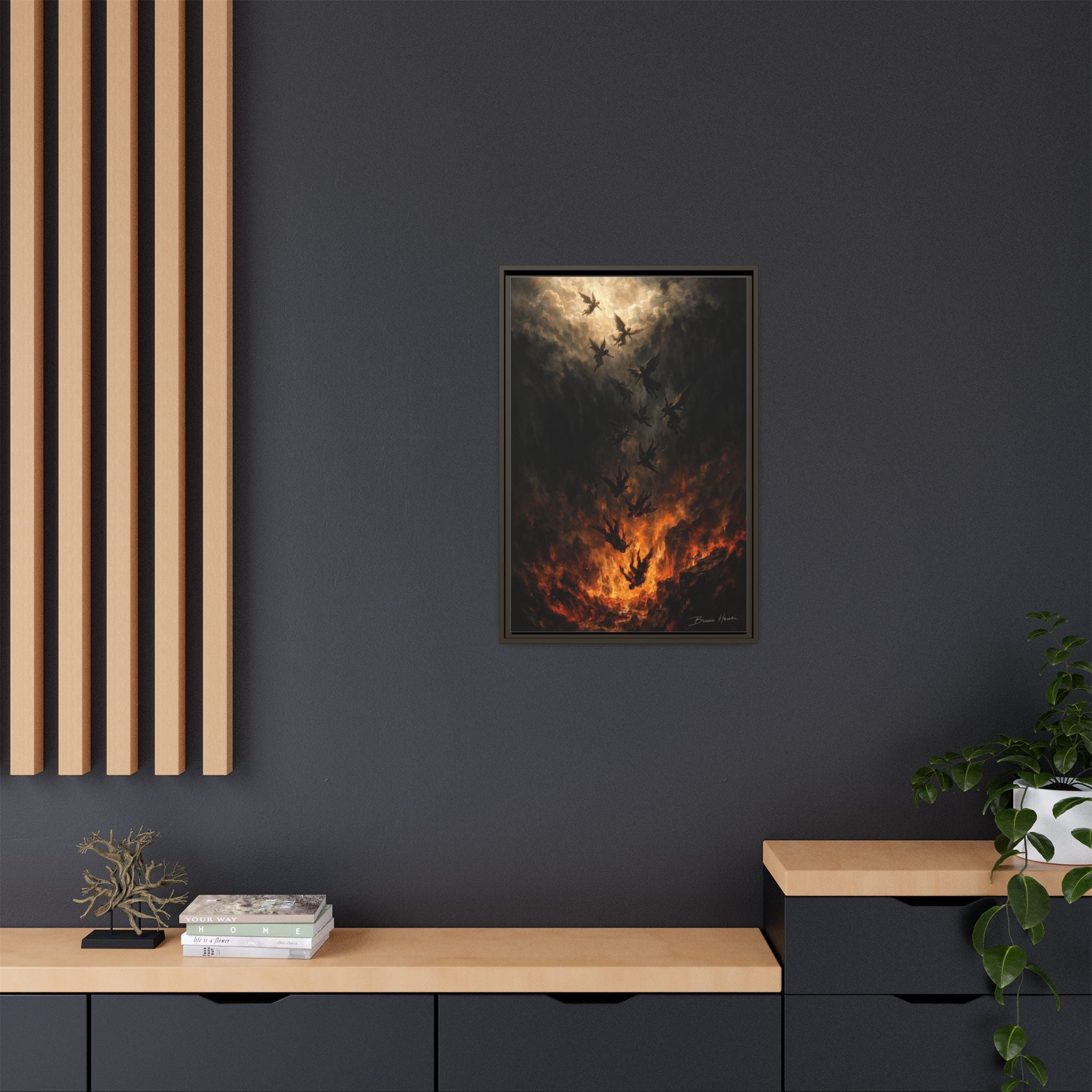 Falling Angels Matte Framed Canvas Print — Dark Fantasy Wall Art