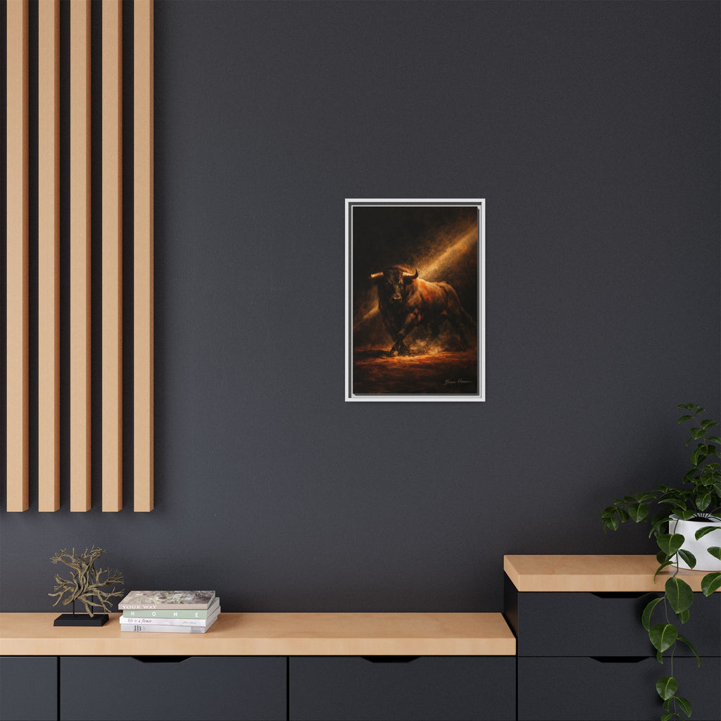 Framed Matte Canvas Art - Dramatic Charging Bull Painting