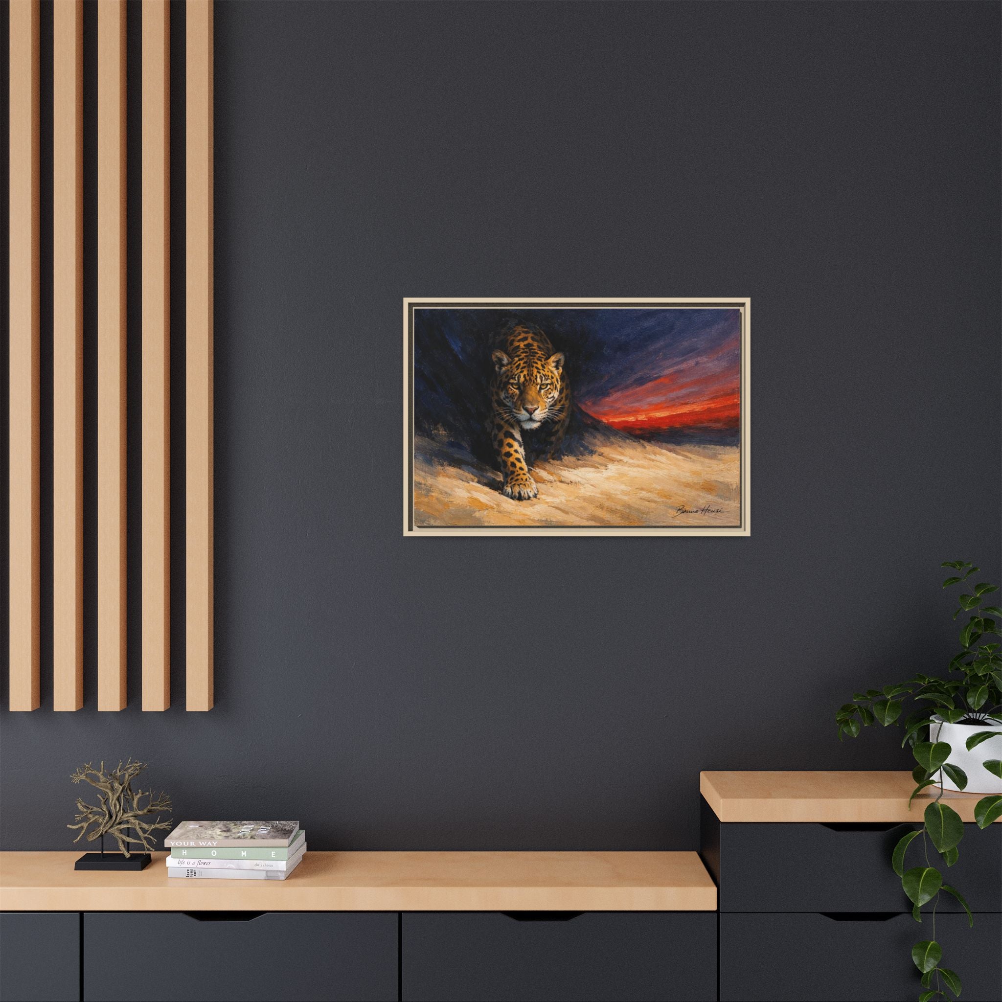 Framed Jaguar Canvas Art – Majestic Big Cat Painting with Sunset Sky