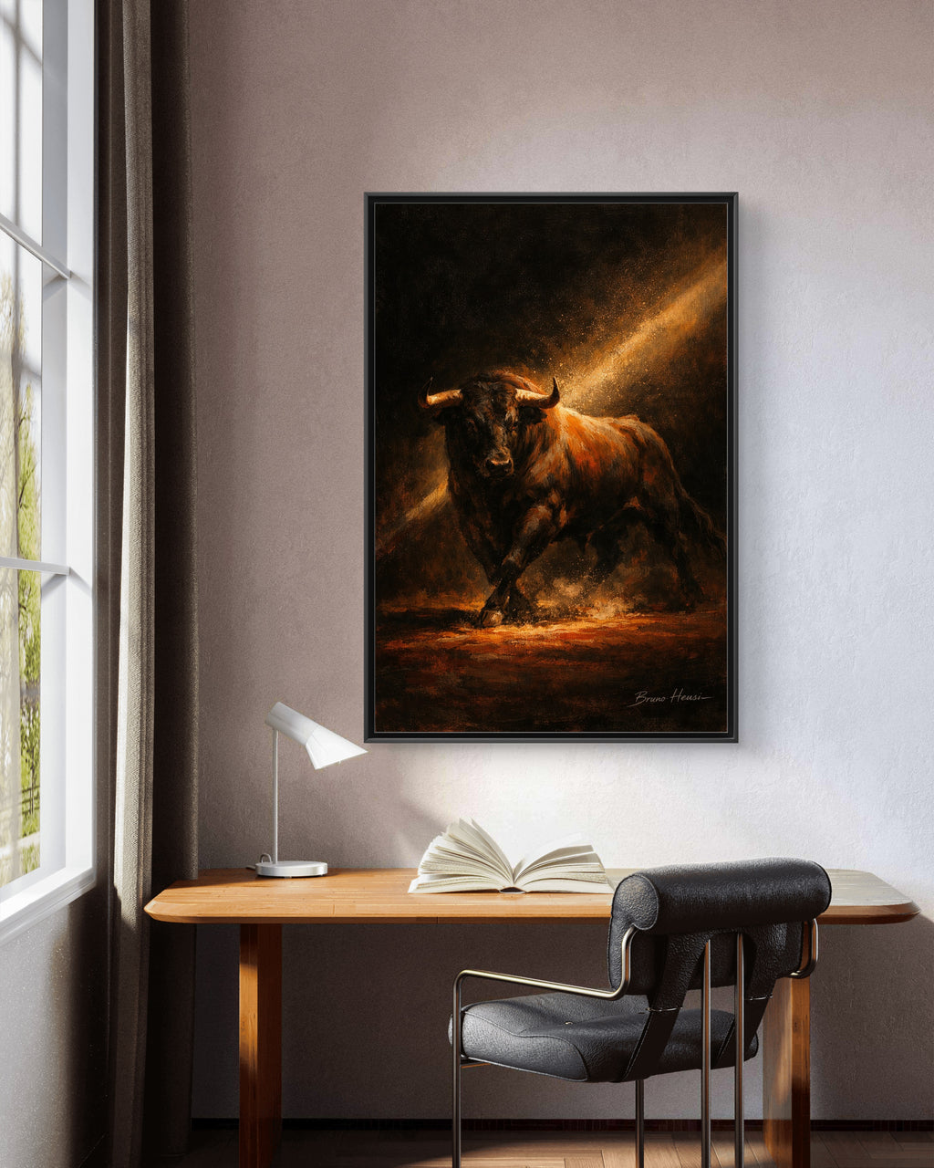 Framed Matte Canvas Art - Dramatic Charging Bull Painting