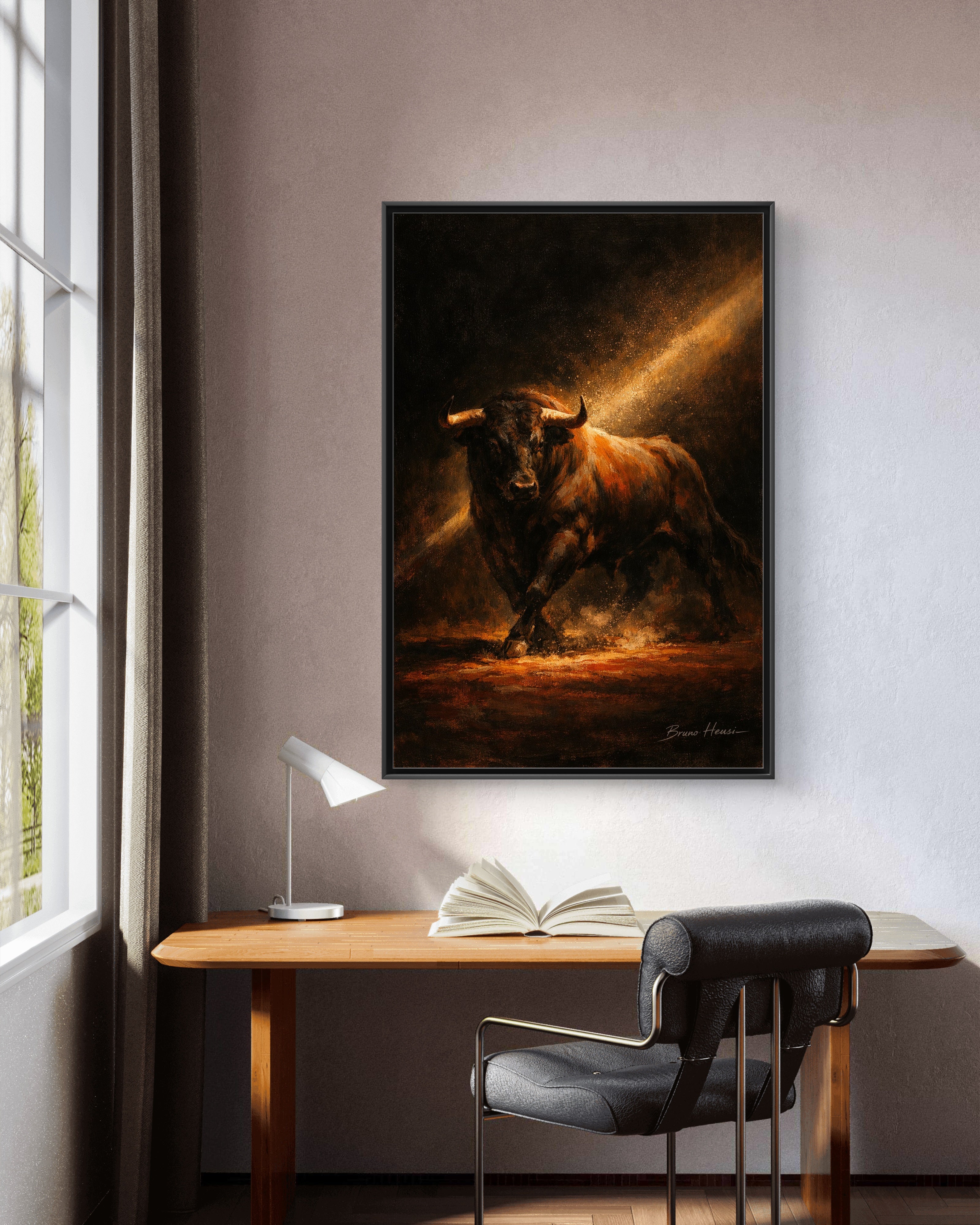 Framed Matte Canvas Art - Dramatic Charging Bull Painting