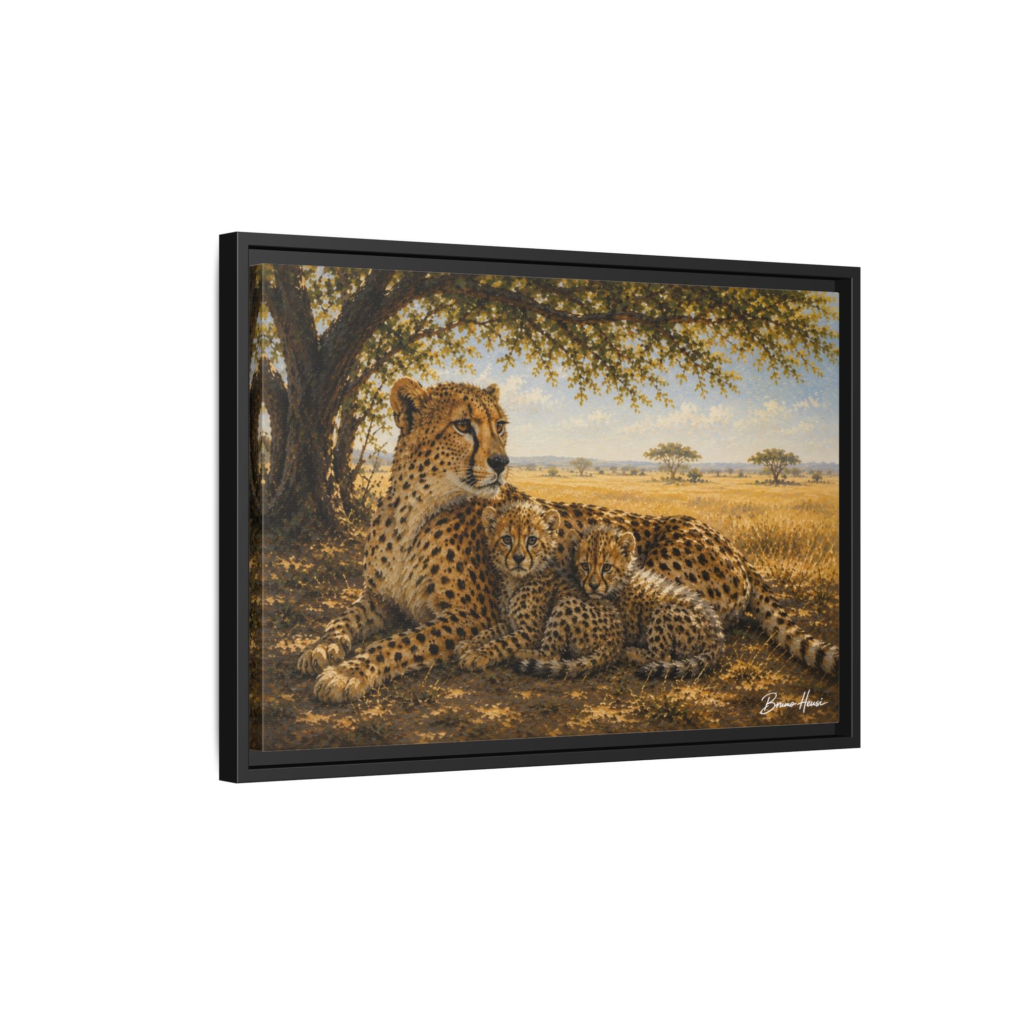 Cheetah Mother & Cubs Framed Canvas Wall Art – African Wildlife Safari Print