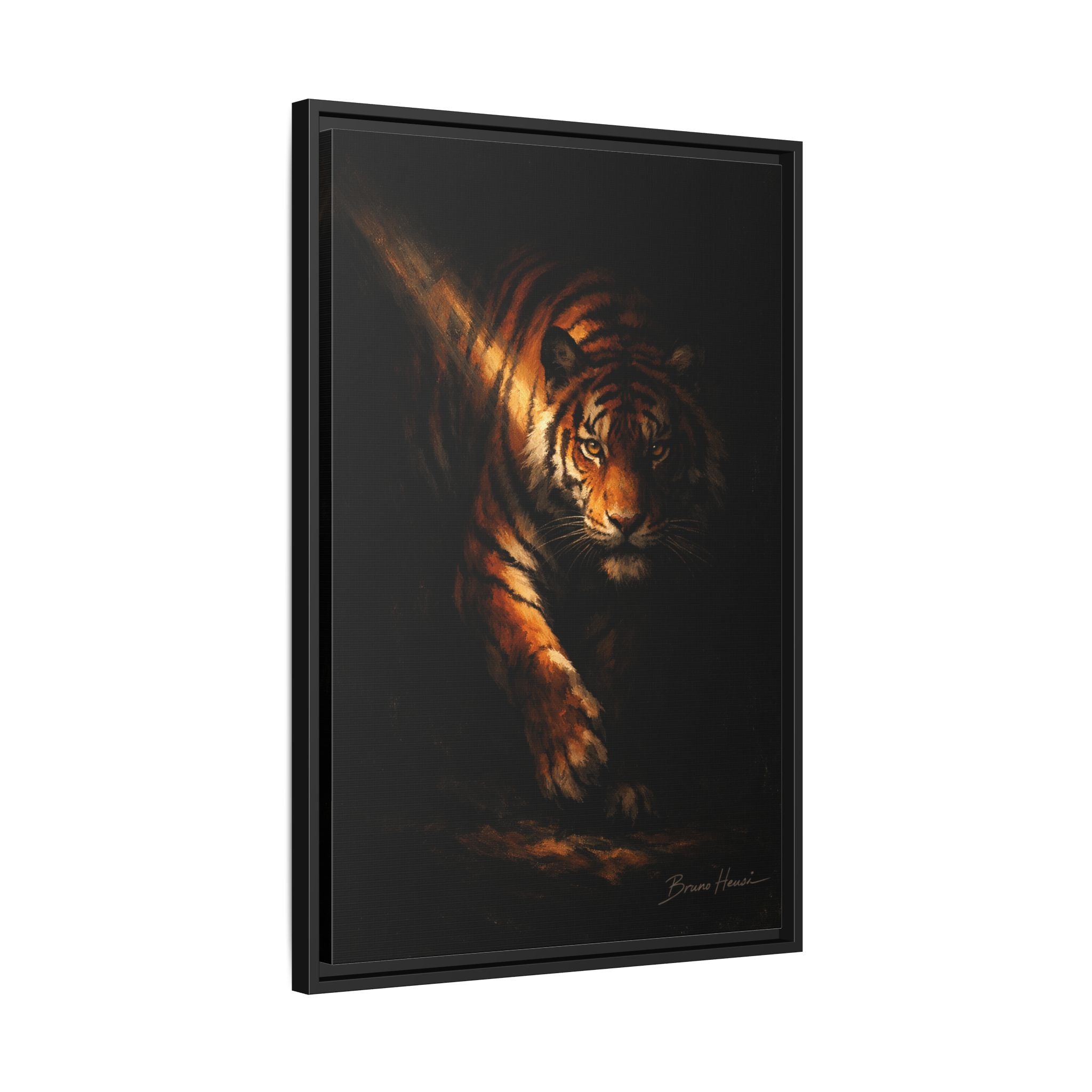 Tiger in the Shadows Matte Framed Canvas Print — Dramatic Wildlife Wall Art