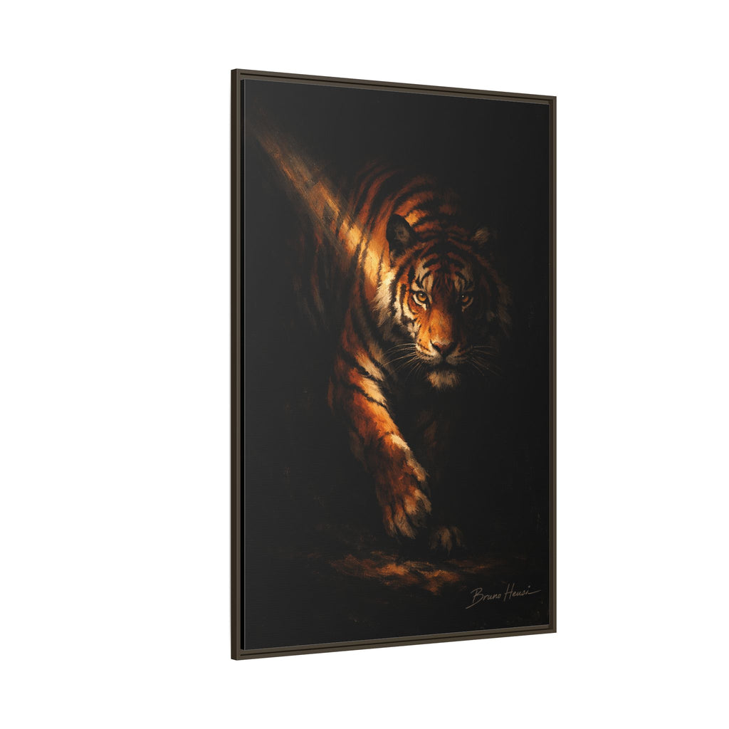 Tiger in the Shadows Matte Framed Canvas Print — Dramatic Wildlife Wall Art