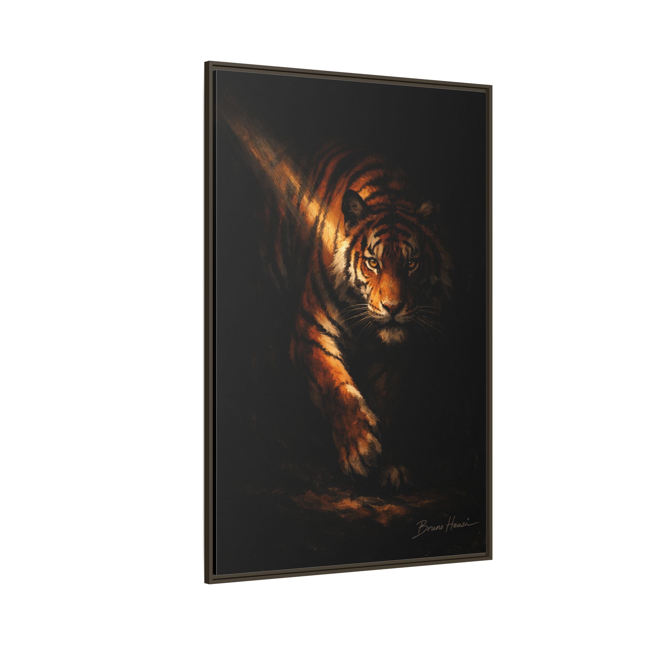 Tiger in the Shadows Matte Framed Canvas Print — Dramatic Wildlife Wall Art