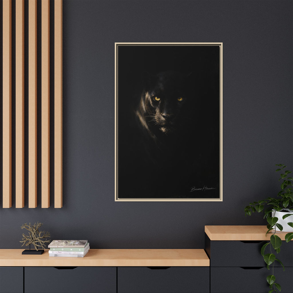 Framed Matte Canvas - Black Panther Wall Art with Golden Eyes