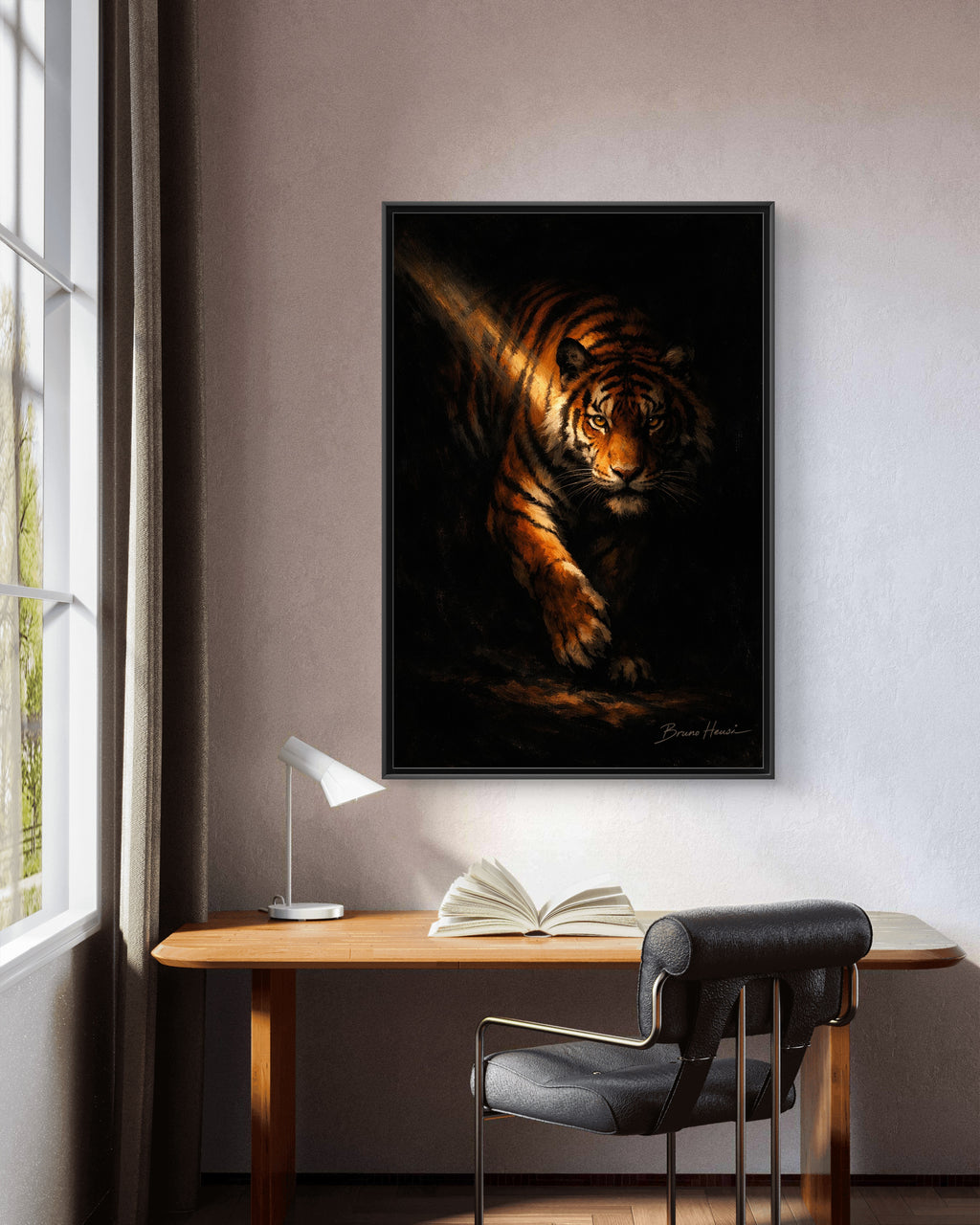 Tiger in the Shadows Matte Framed Canvas Print — Dramatic Wildlife Wall Art