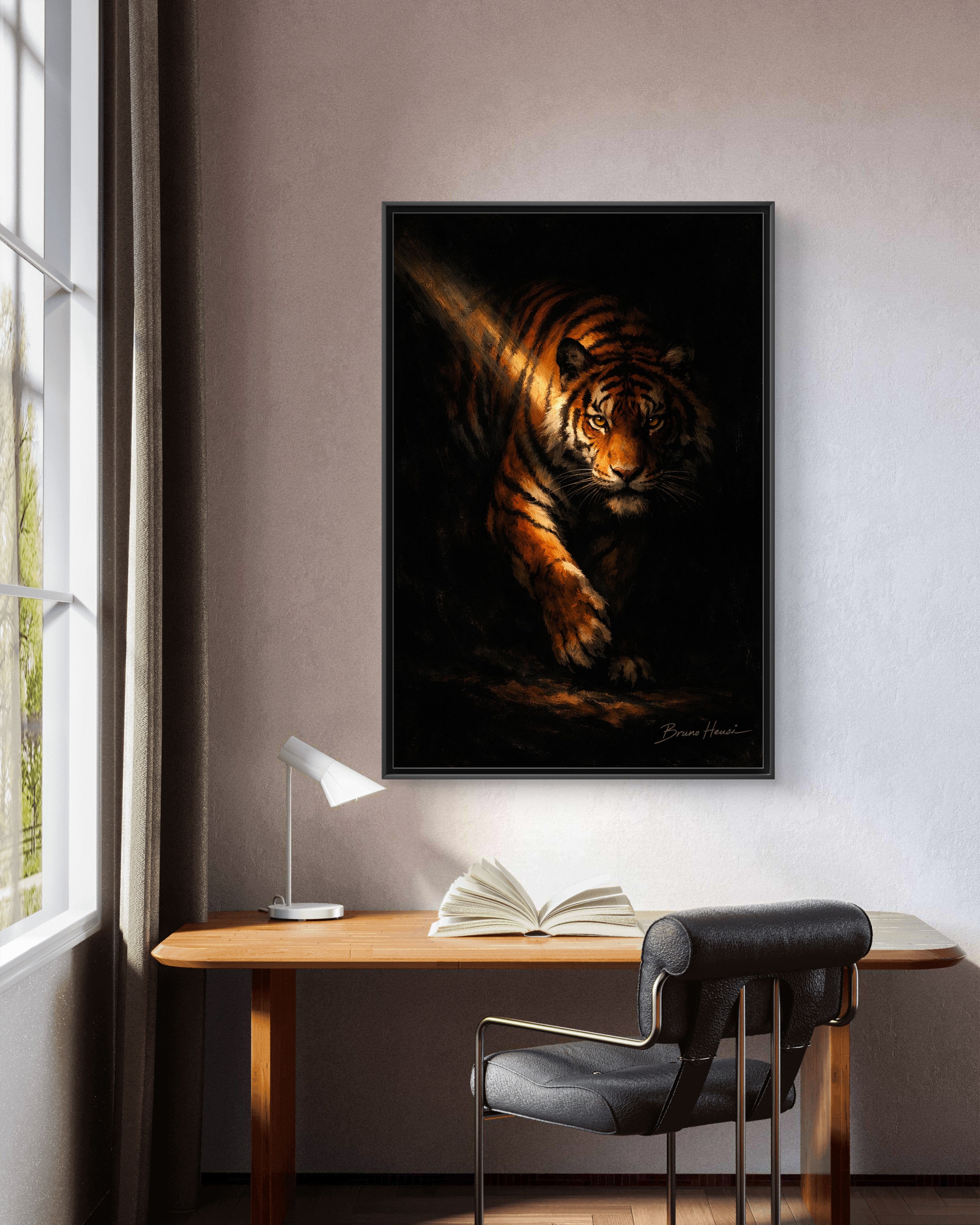 Tiger in the Shadows Matte Framed Canvas Print — Dramatic Wildlife Wall Art