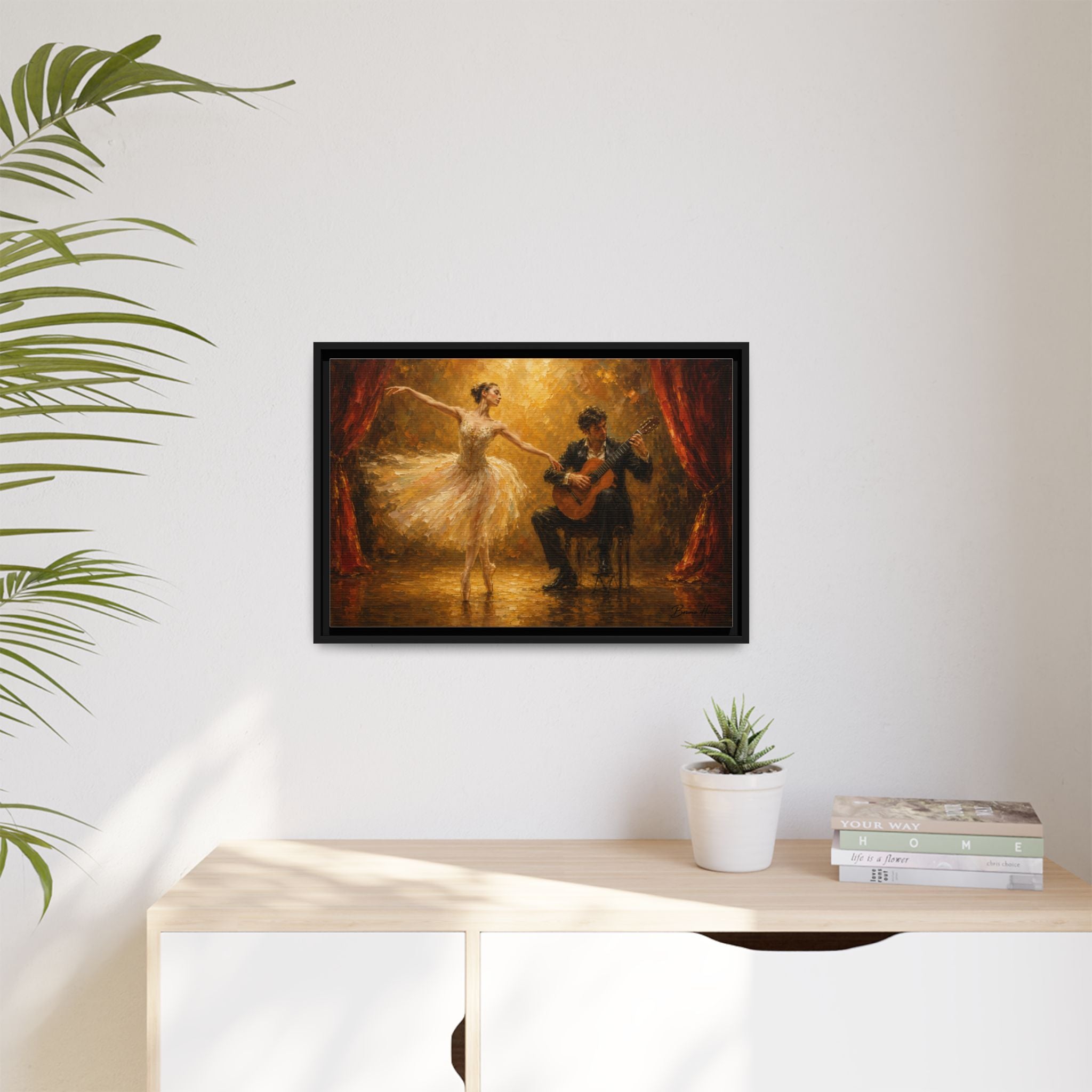Ballet Dancer & Guitarist Framed Canvas Wall Art — Oil-Style Performance Print