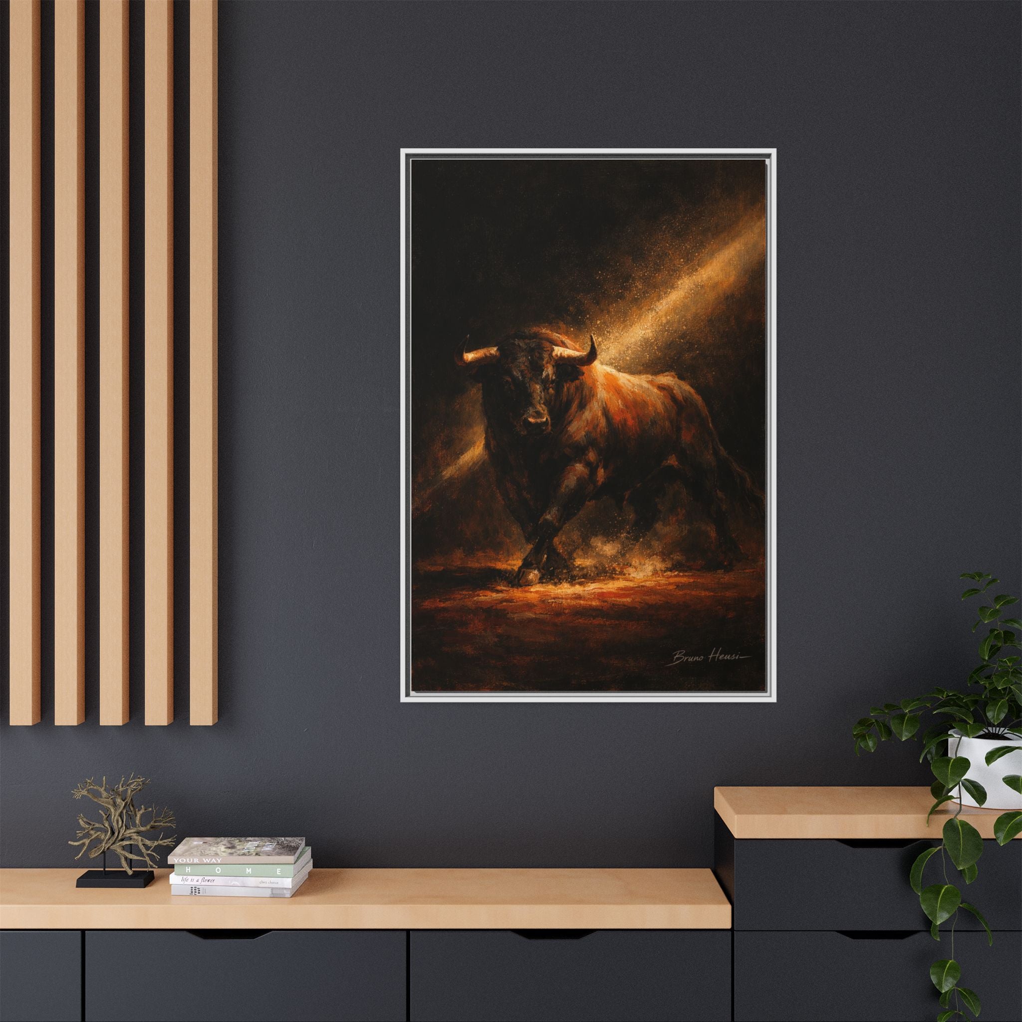 Framed Matte Canvas Art - Dramatic Charging Bull Painting