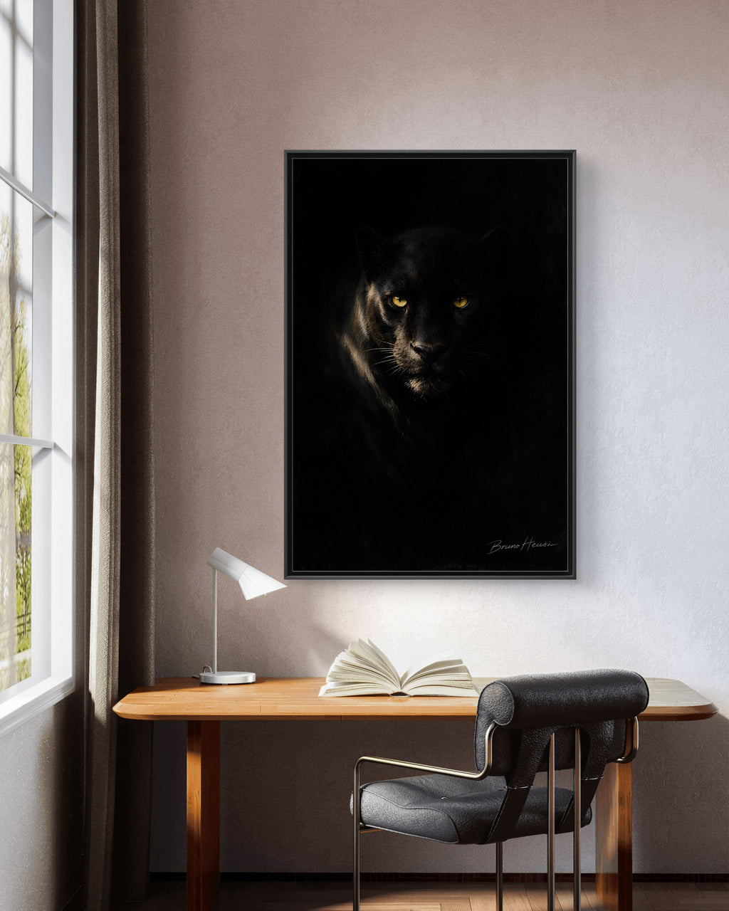 Framed Matte Canvas - Black Panther Wall Art with Golden Eyes