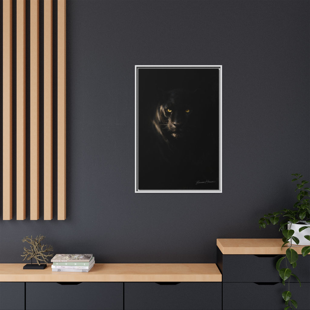 Framed Matte Canvas - Black Panther Wall Art with Golden Eyes