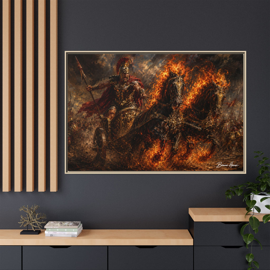 Flaming Chariot Framed Canvas Wall Art — Mythic Warrior Matte Print