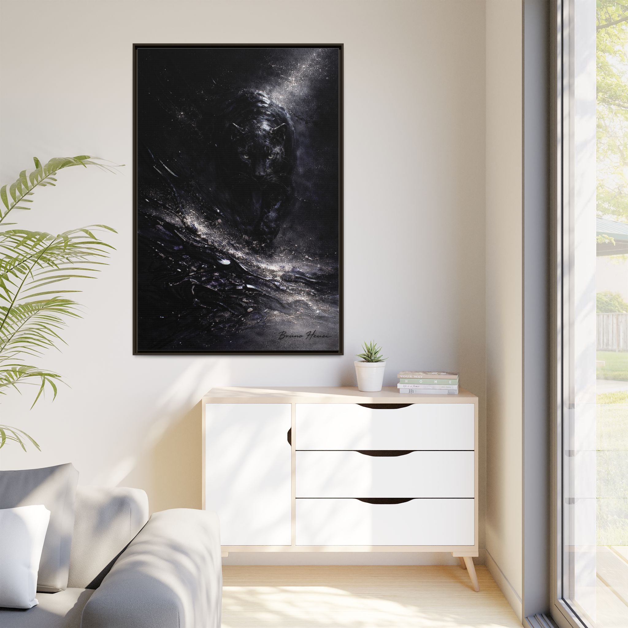 Cosmic Black Panther Matte Framed Canvas – Dark Abstract Wildlife Wall Art
