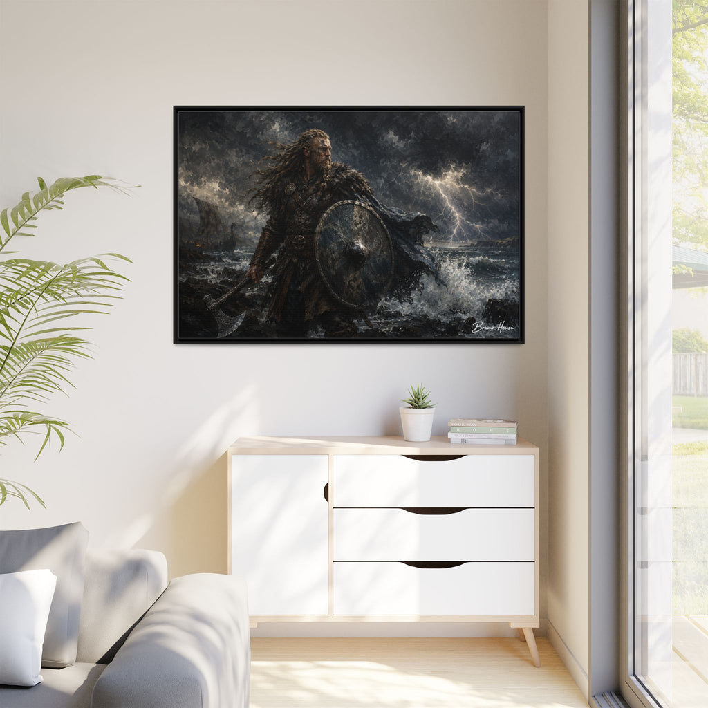 Viking Warrior Matte Framed Canvas Print — Stormy Norse Shield and Axe Wall Art