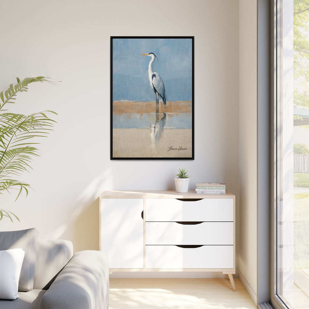 Framed Heron Canvas Art – Coastal Shorebird Wall Decor
