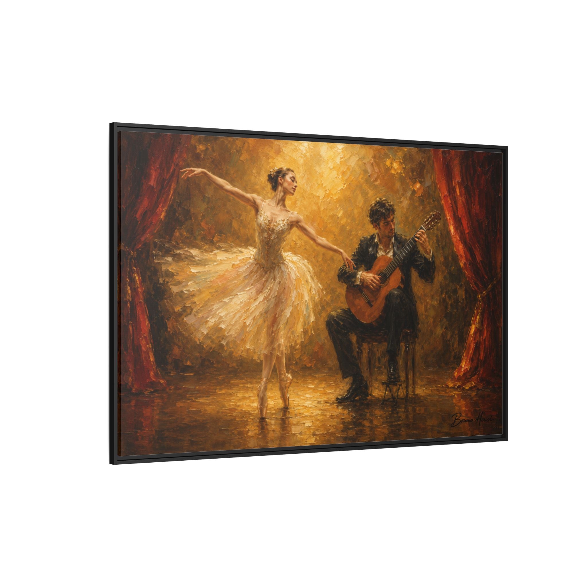 Ballet Dancer & Guitarist Framed Canvas Wall Art — Oil-Style Performance Print
