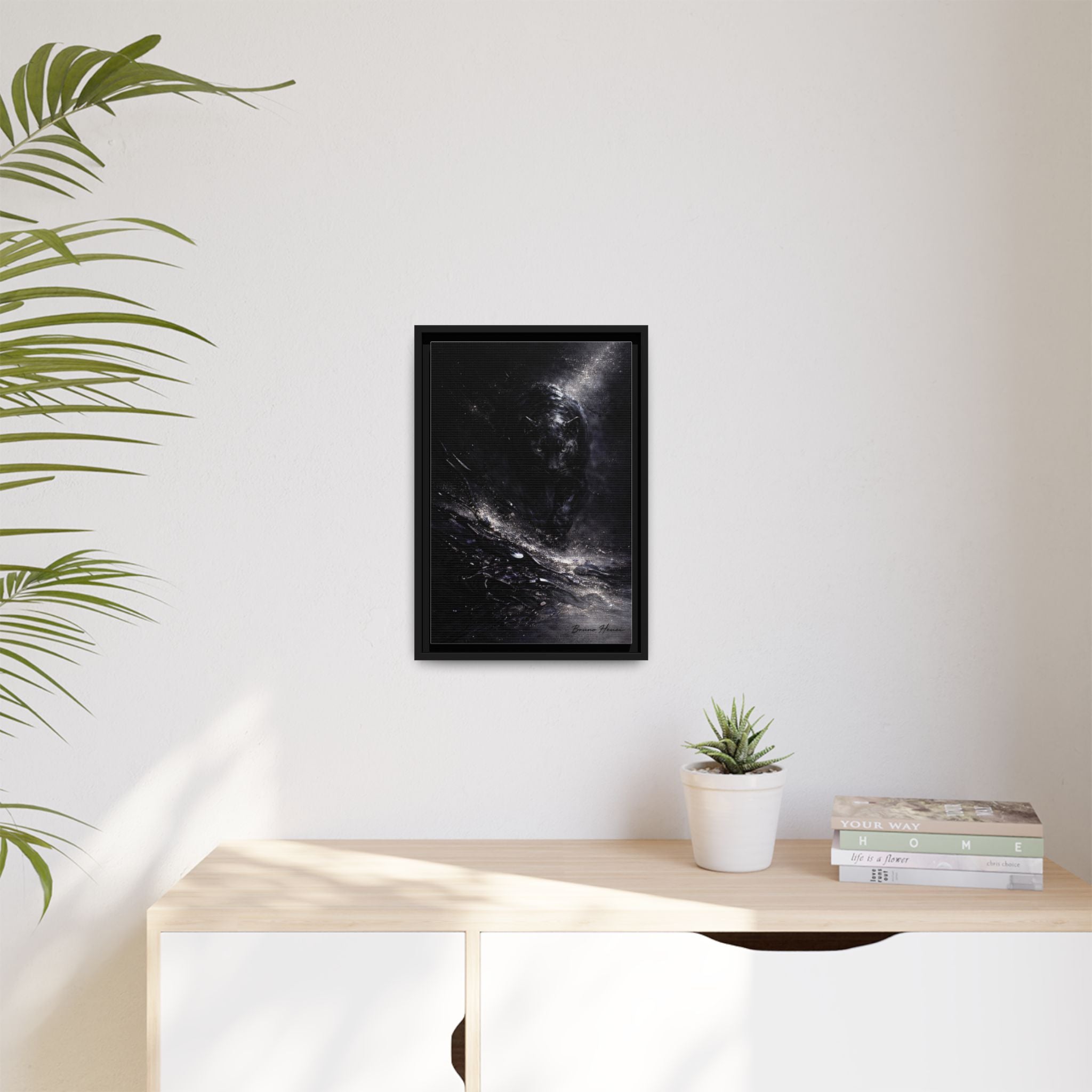 Cosmic Black Panther Matte Framed Canvas – Dark Abstract Wildlife Wall Art