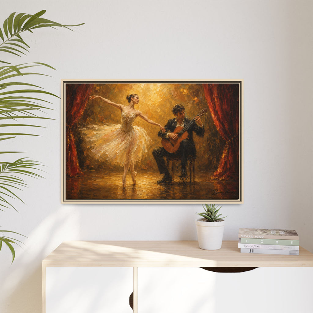 Ballet Dancer & Guitarist Framed Canvas Wall Art — Oil-Style Performance Print