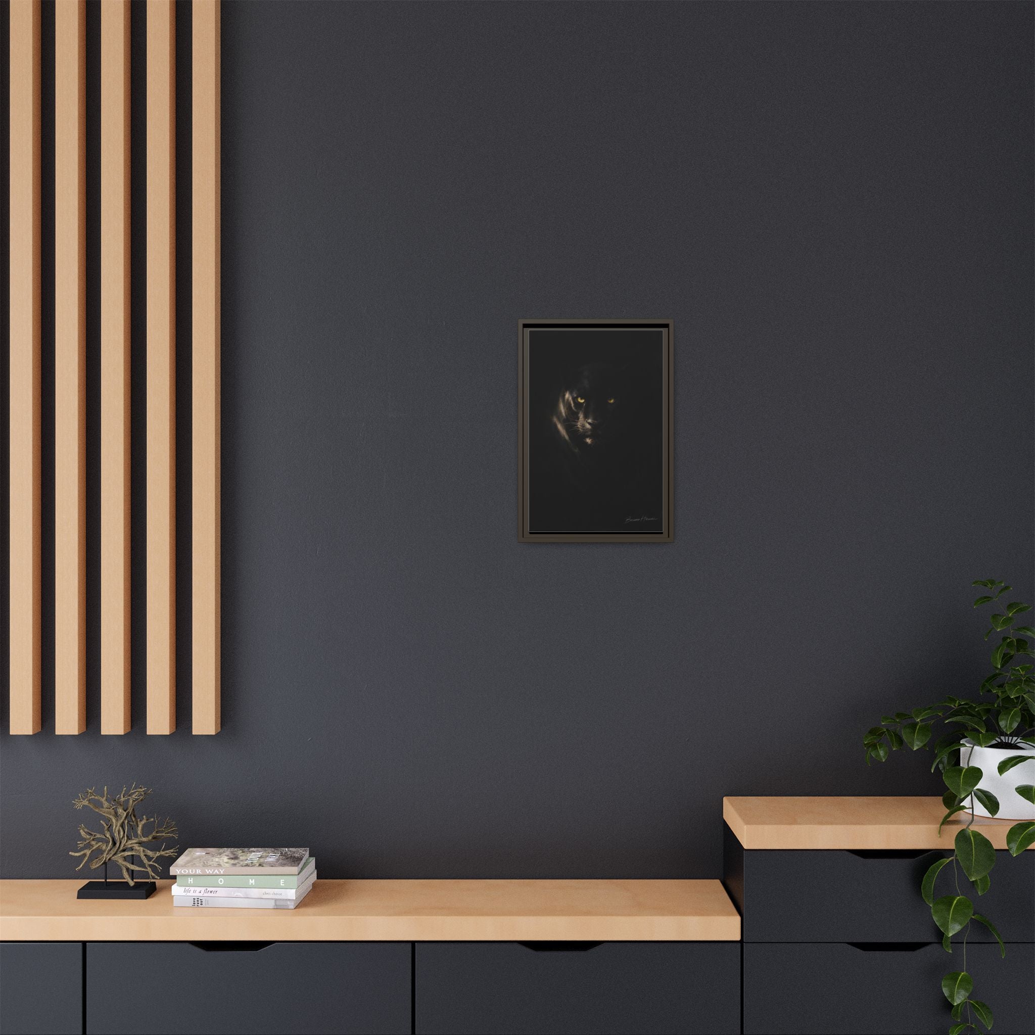 Framed Matte Canvas - Black Panther Wall Art with Golden Eyes