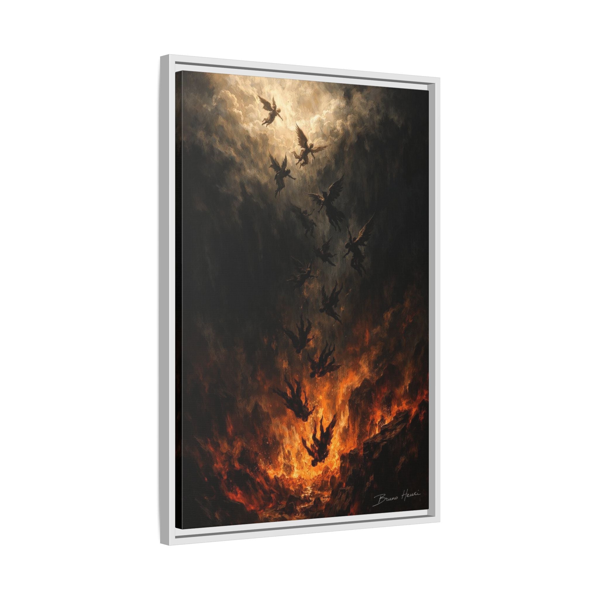 Falling Angels Matte Framed Canvas Print — Dark Fantasy Wall Art