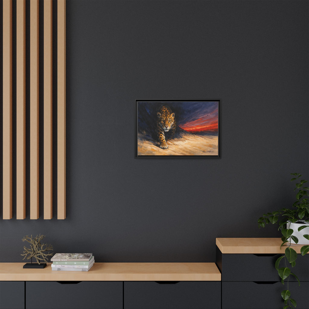 Framed Jaguar Canvas Art – Majestic Big Cat Painting with Sunset Sky