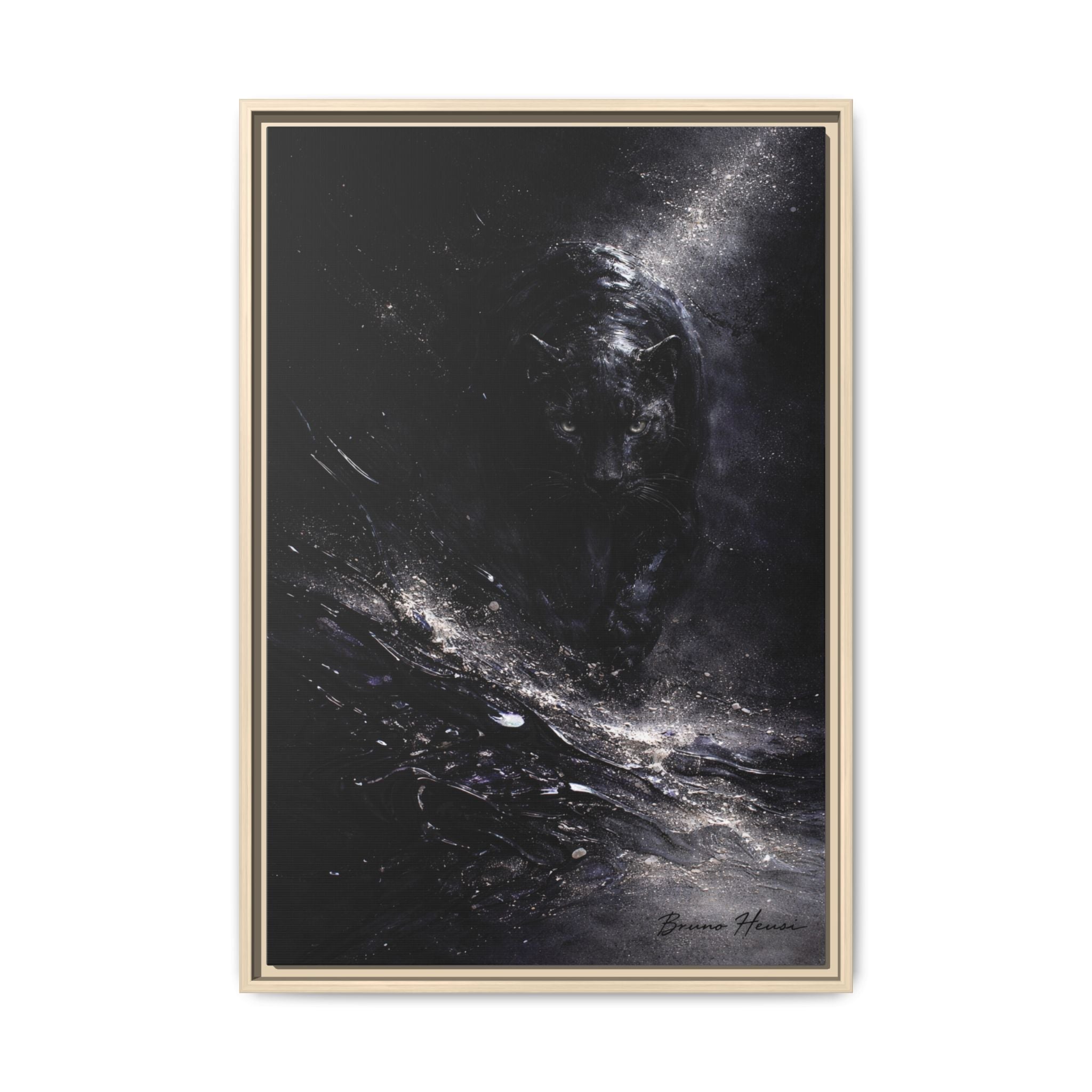 Cosmic Black Panther Matte Framed Canvas – Dark Abstract Wildlife Wall Art