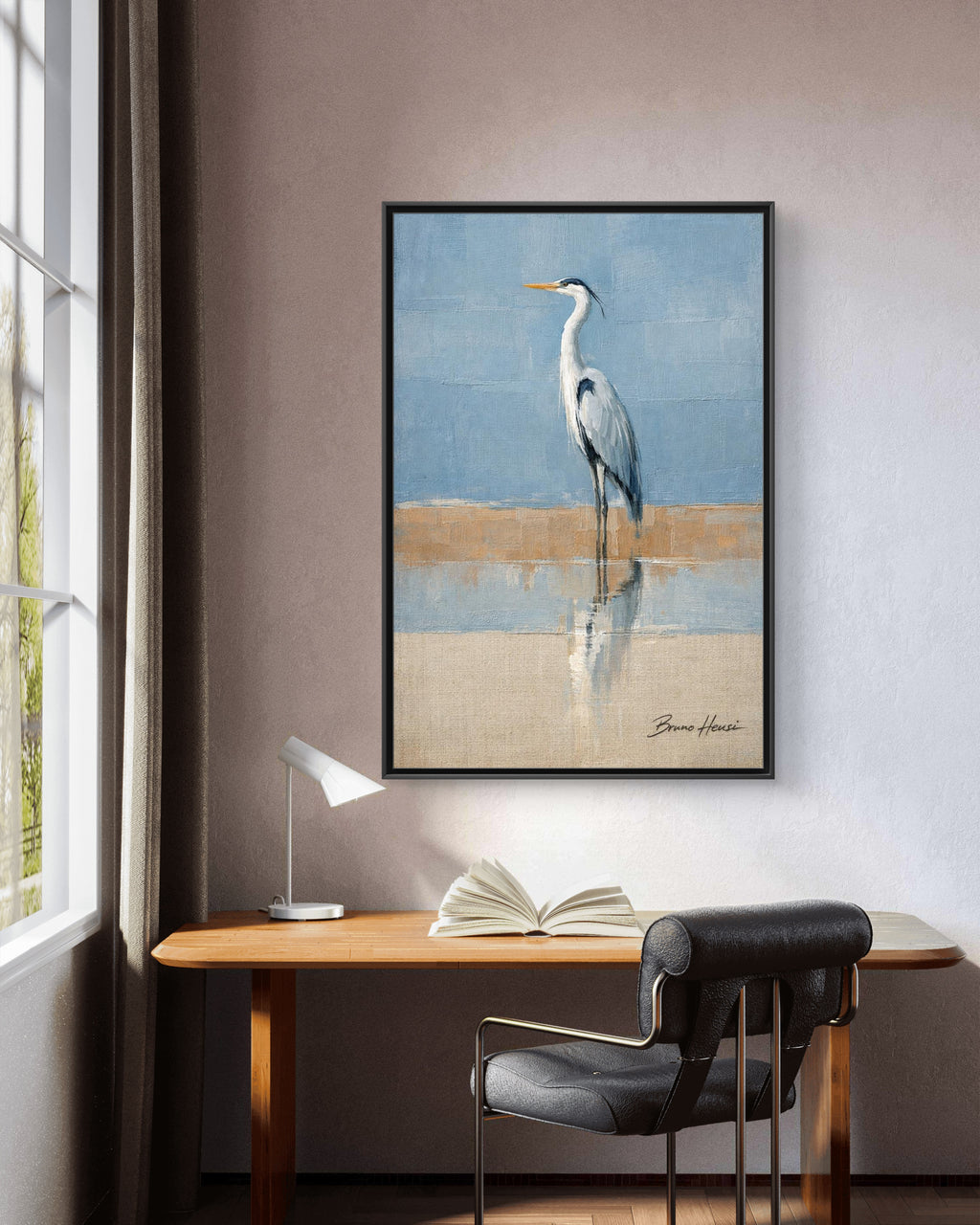 Framed Heron Canvas Art – Coastal Shorebird Wall Decor