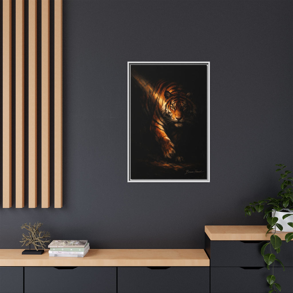 Tiger in the Shadows Matte Framed Canvas Print — Dramatic Wildlife Wall Art