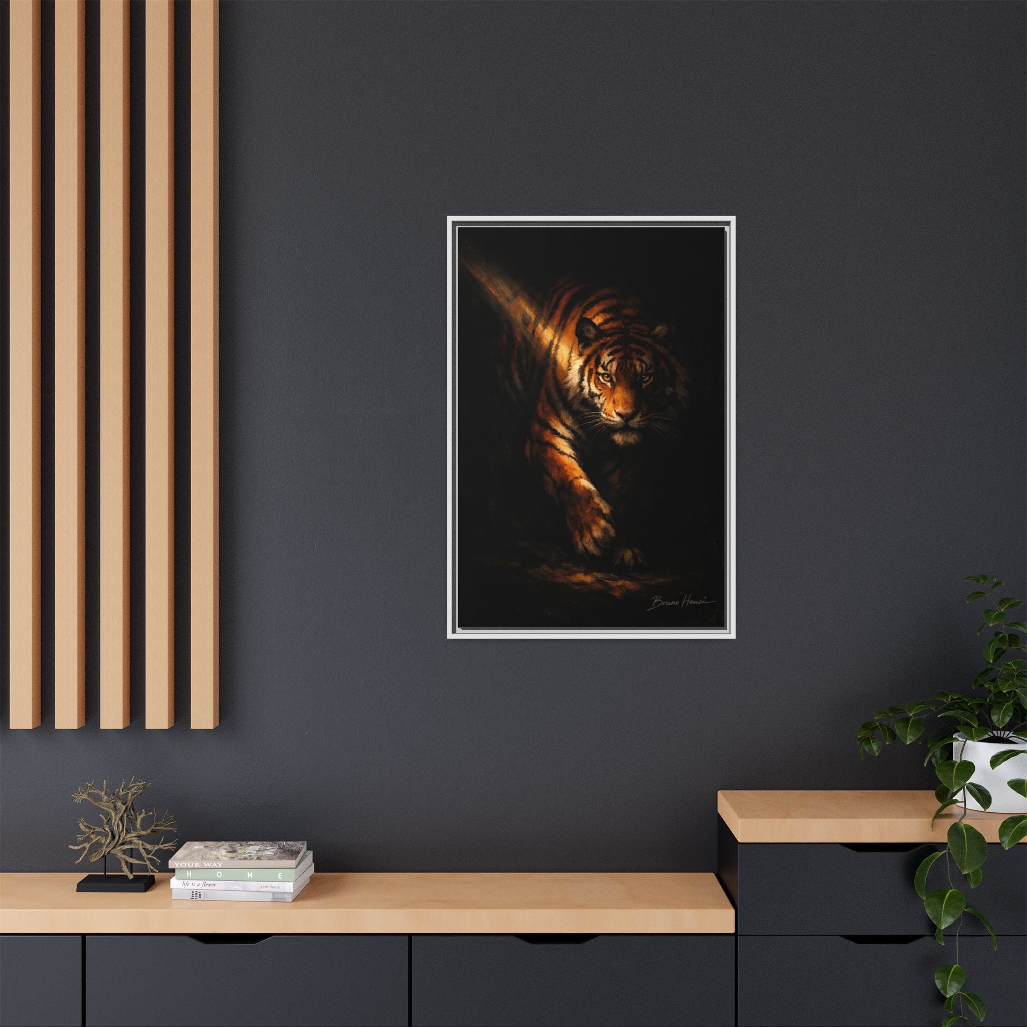 Tiger in the Shadows Matte Framed Canvas Print — Dramatic Wildlife Wall Art