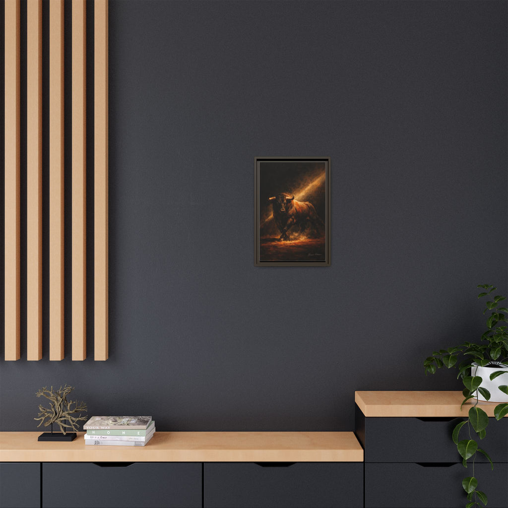 Framed Matte Canvas Art - Dramatic Charging Bull Painting