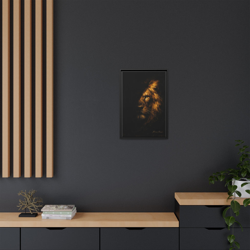 Majestic Lion Portrait Framed Canvas Wall Art — Golden Mane on Black Matte Print
