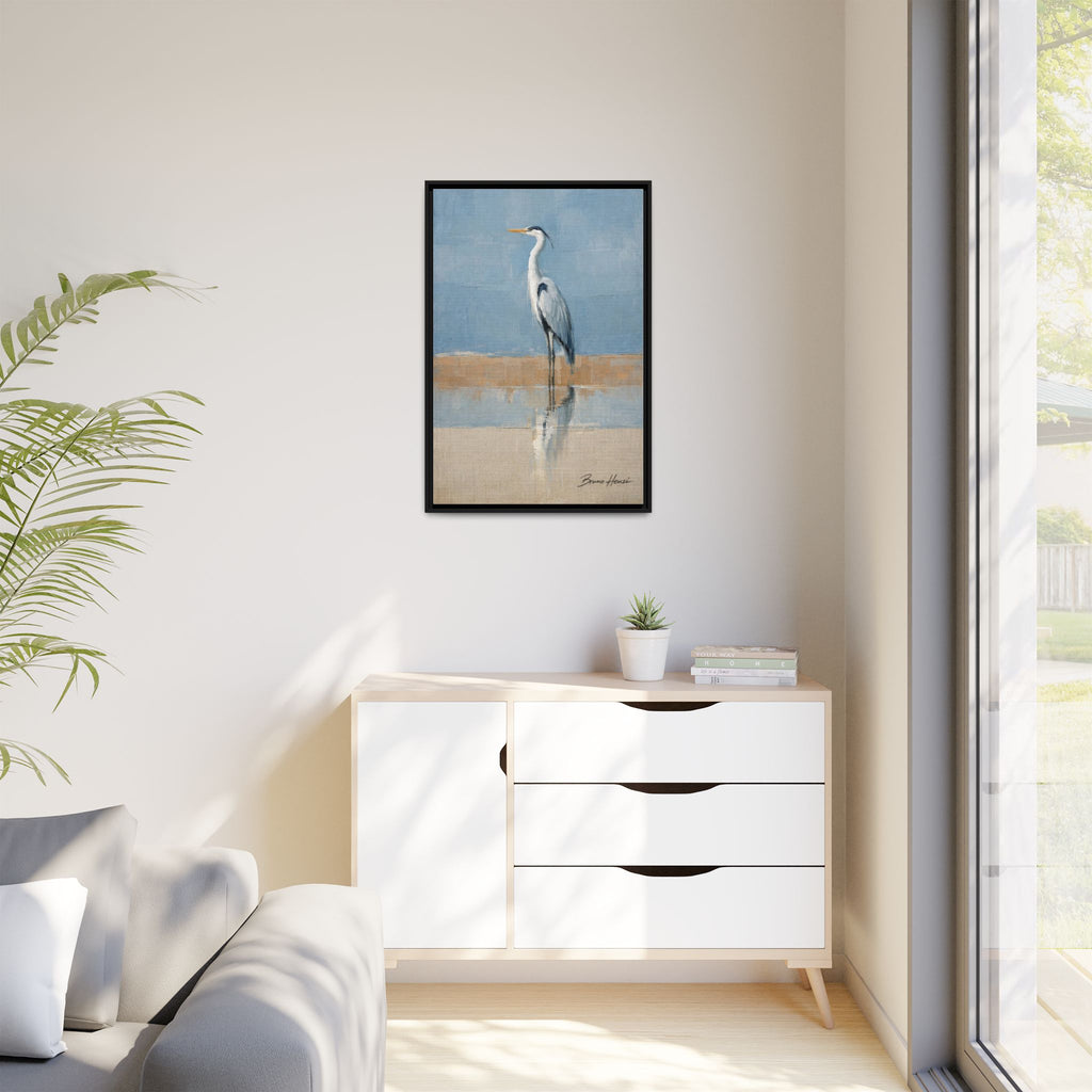 Framed Heron Canvas Art – Coastal Shorebird Wall Decor