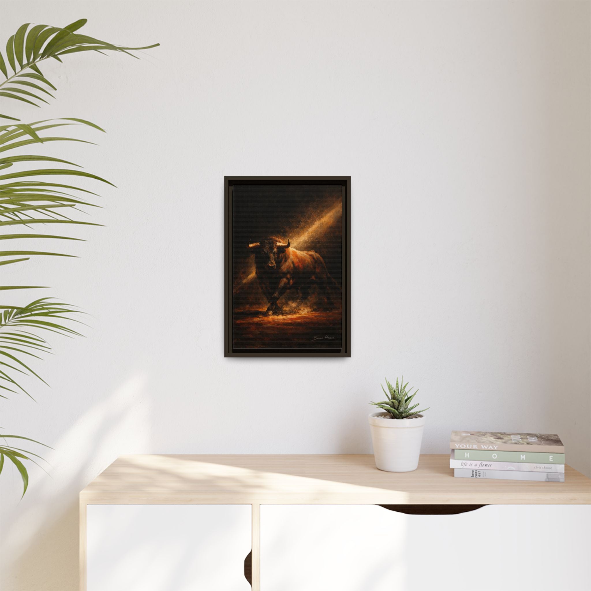 Framed Matte Canvas Art - Dramatic Charging Bull Painting