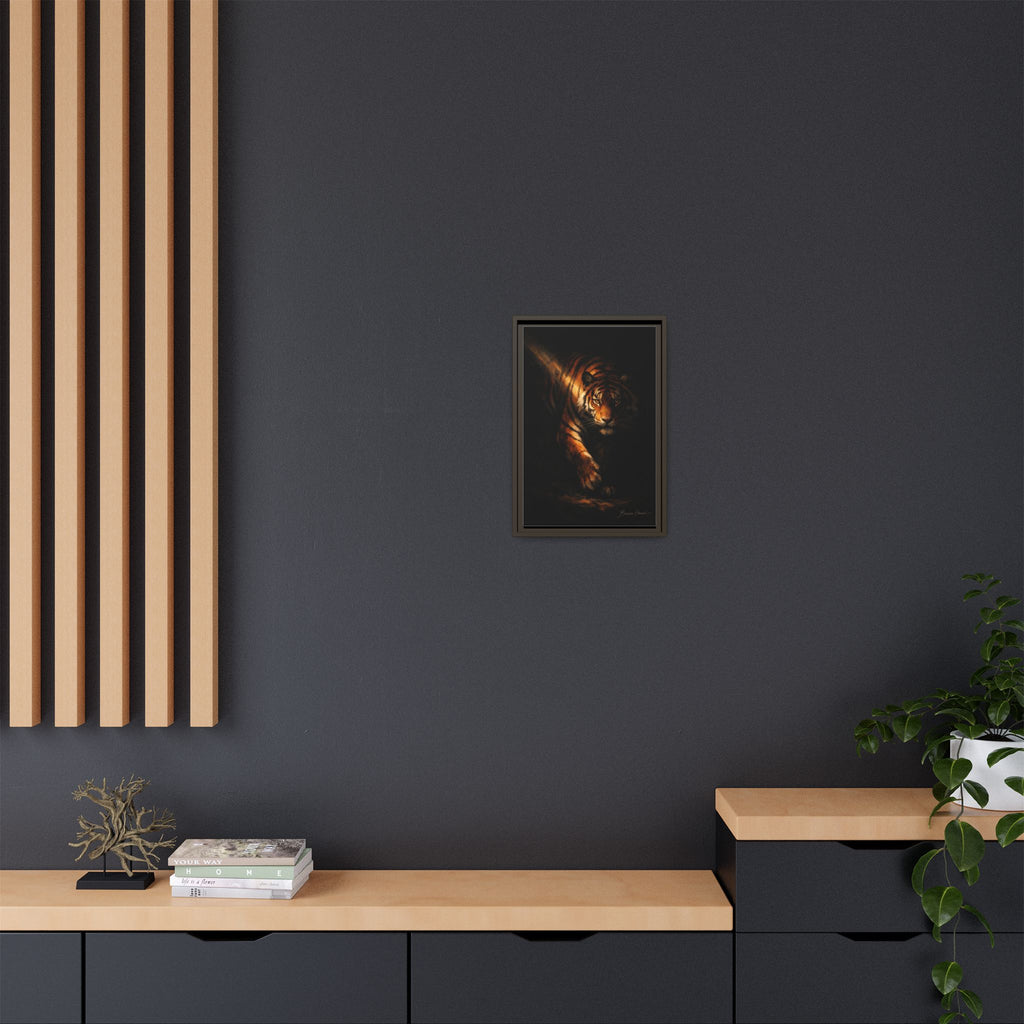 Tiger in the Shadows Matte Framed Canvas Print — Dramatic Wildlife Wall Art