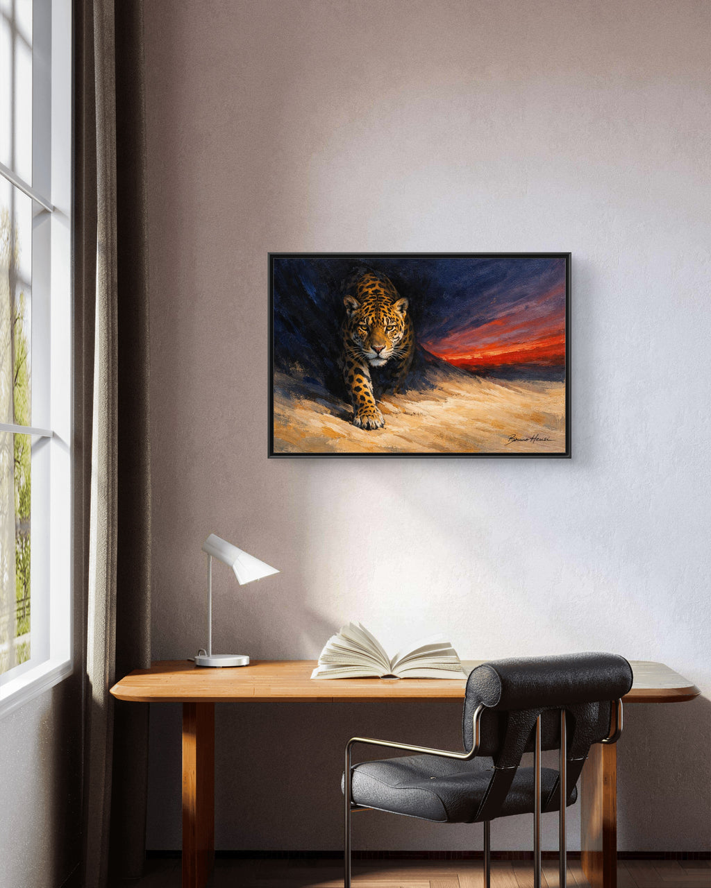 Framed Jaguar Canvas Art – Majestic Big Cat Painting with Sunset Sky