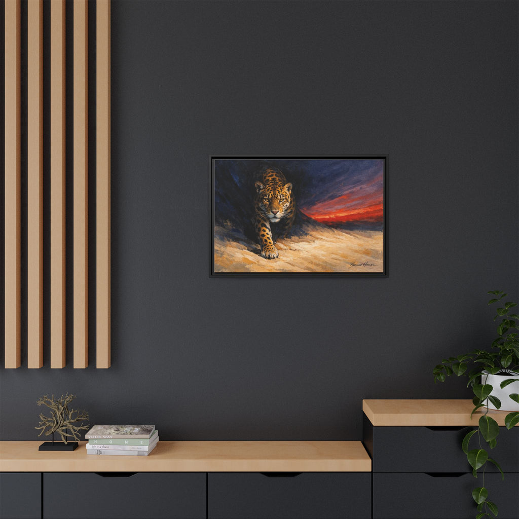 Framed Jaguar Canvas Art – Majestic Big Cat Painting with Sunset Sky