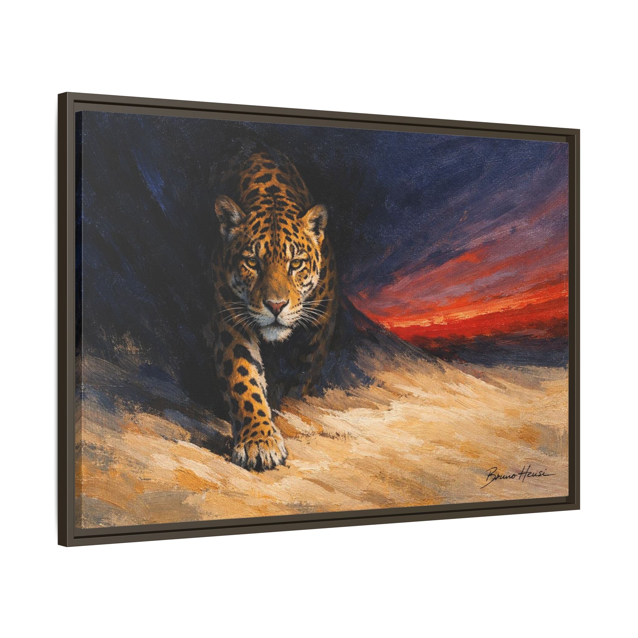 Framed Jaguar Canvas Art – Majestic Big Cat Painting with Sunset Sky