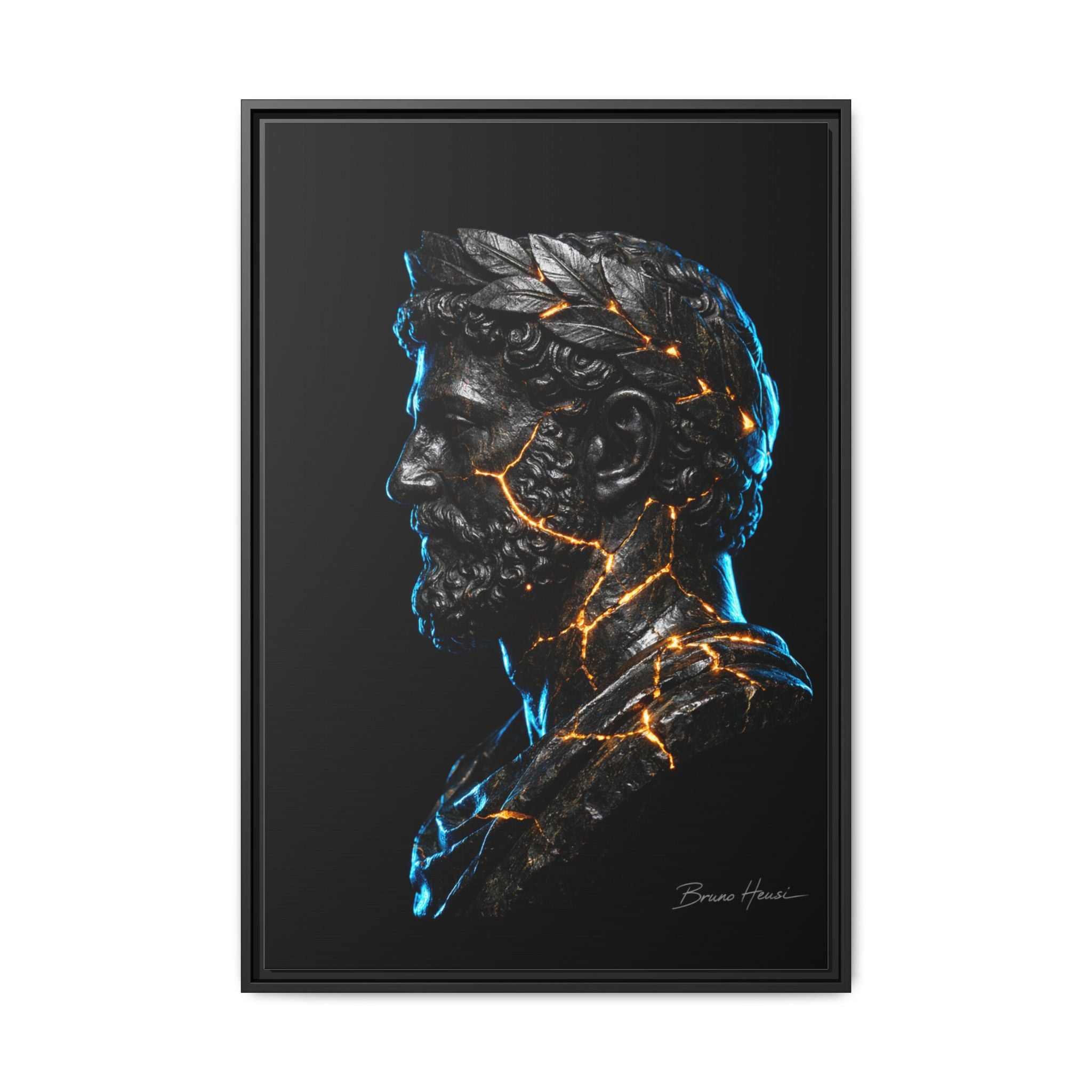 Roman Emperor Neon Bust Framed Canvas Wall Art — Modern Sculpture Print