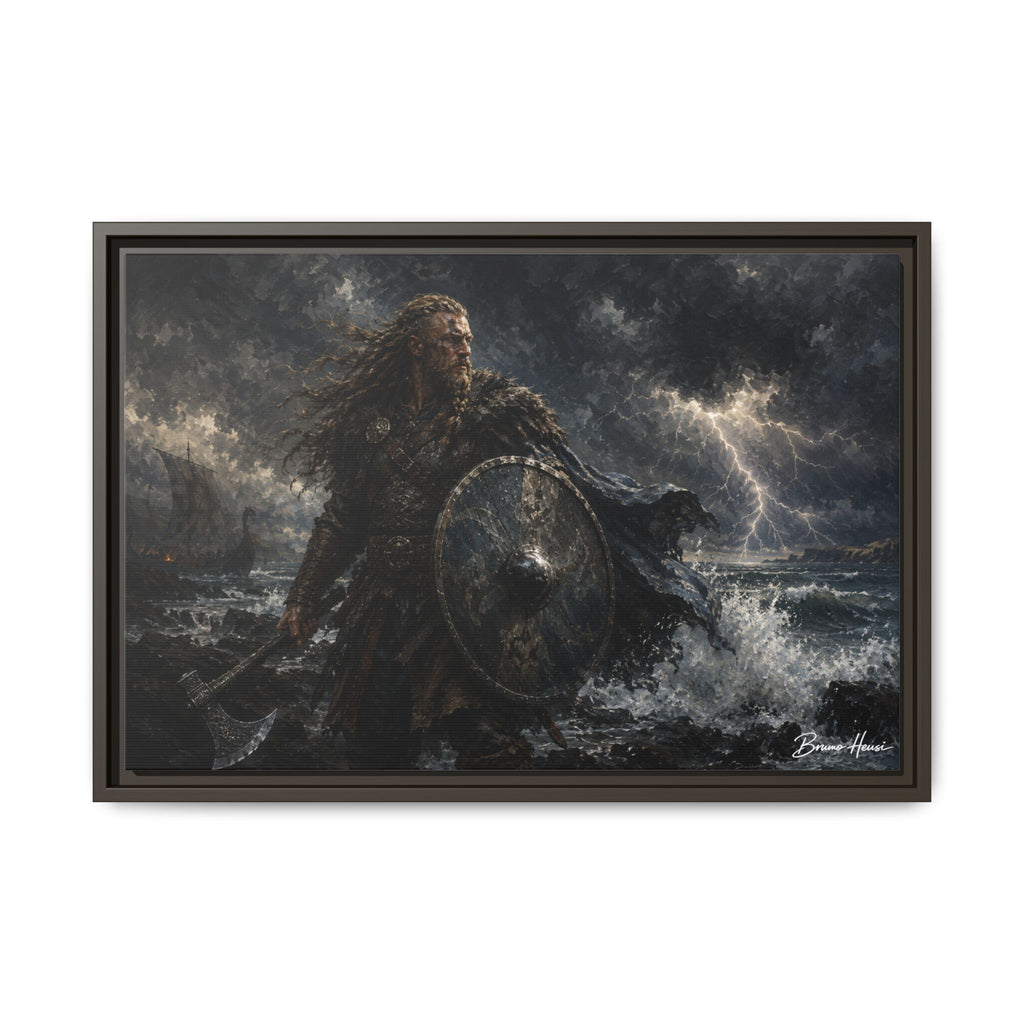 Viking Warrior Matte Framed Canvas Print — Stormy Norse Shield and Axe Wall Art